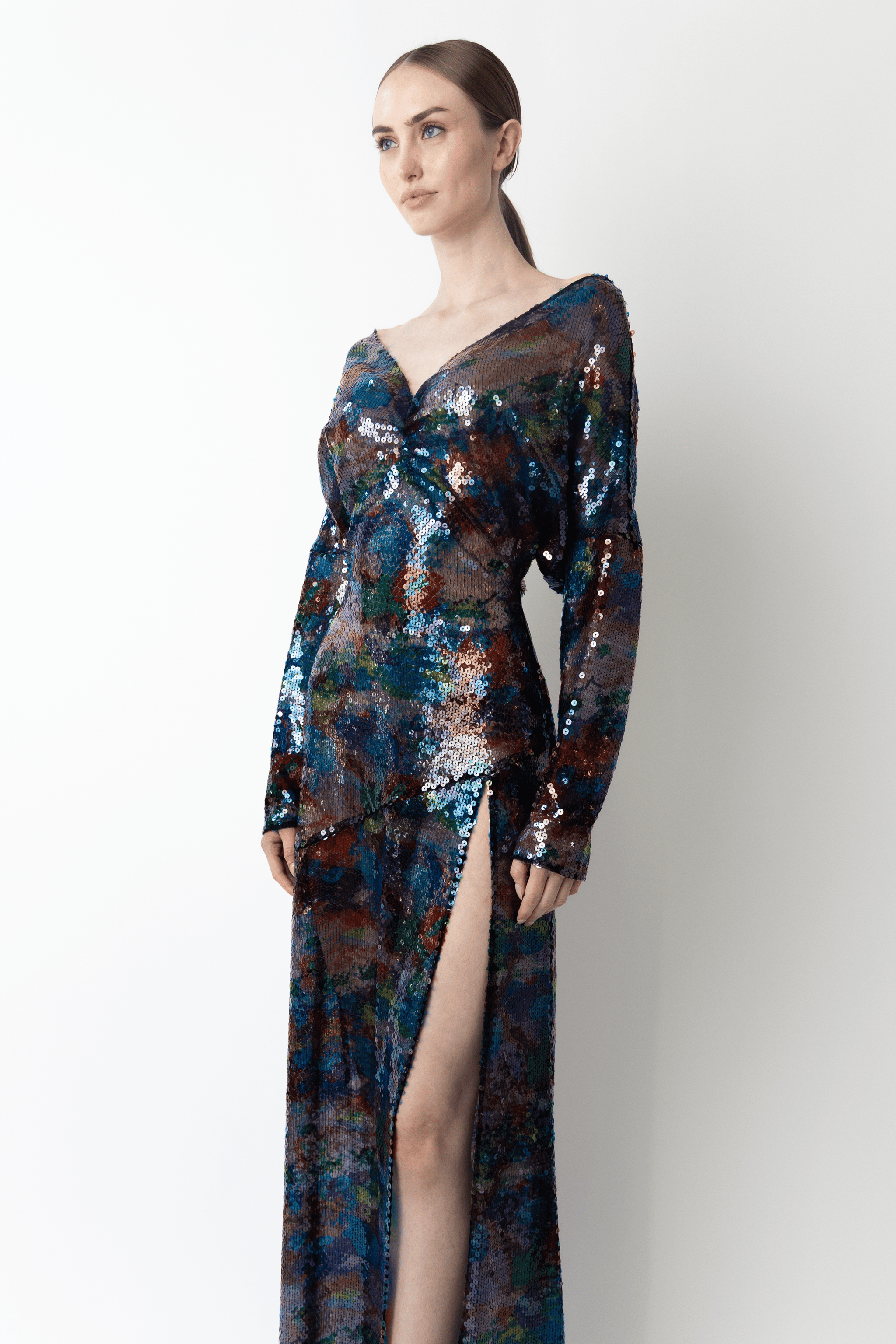 Watercolor Sequin V Neck Gown - LAPOINTE