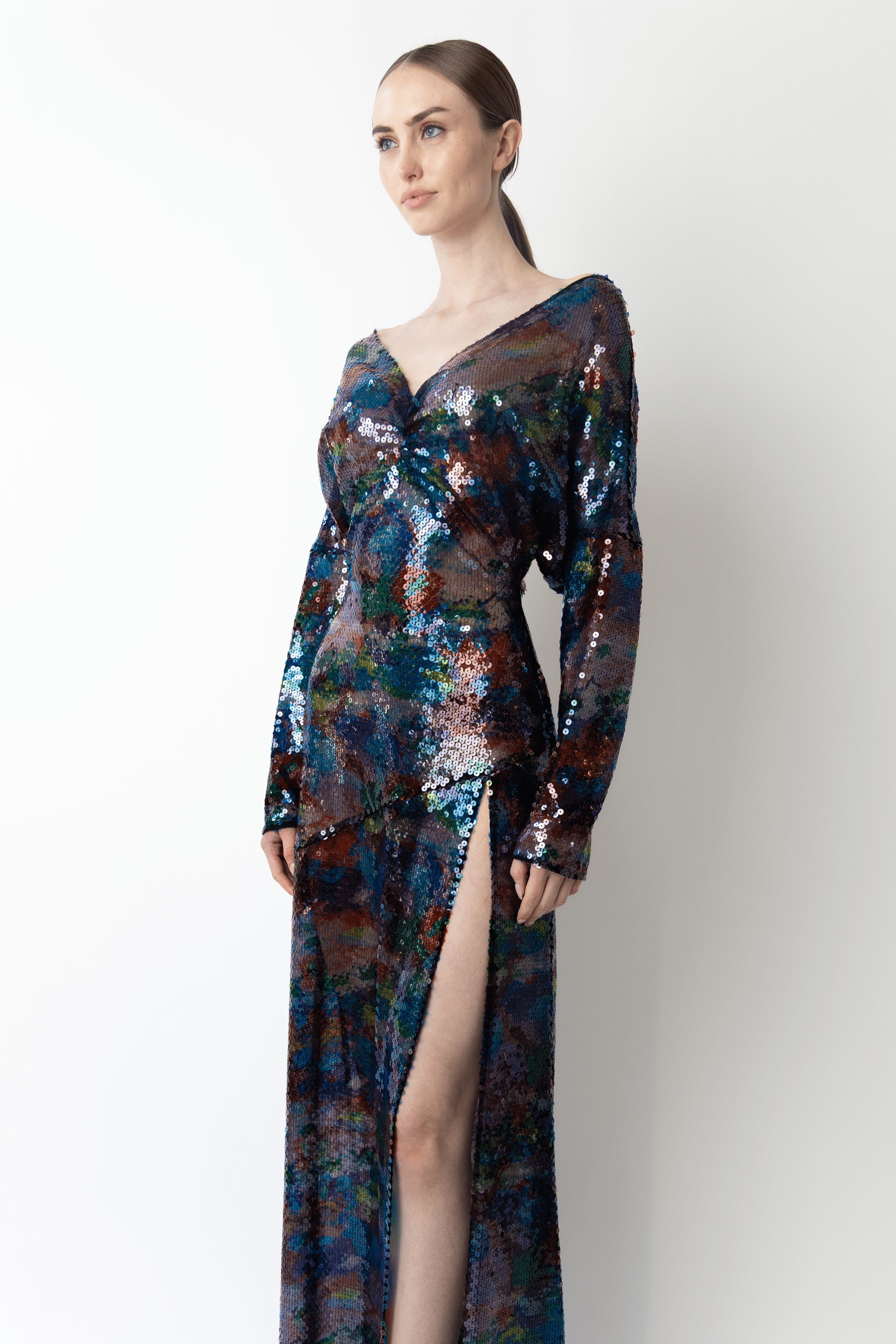 Watercolor Sequin V Neck Gown - LAPOINTE