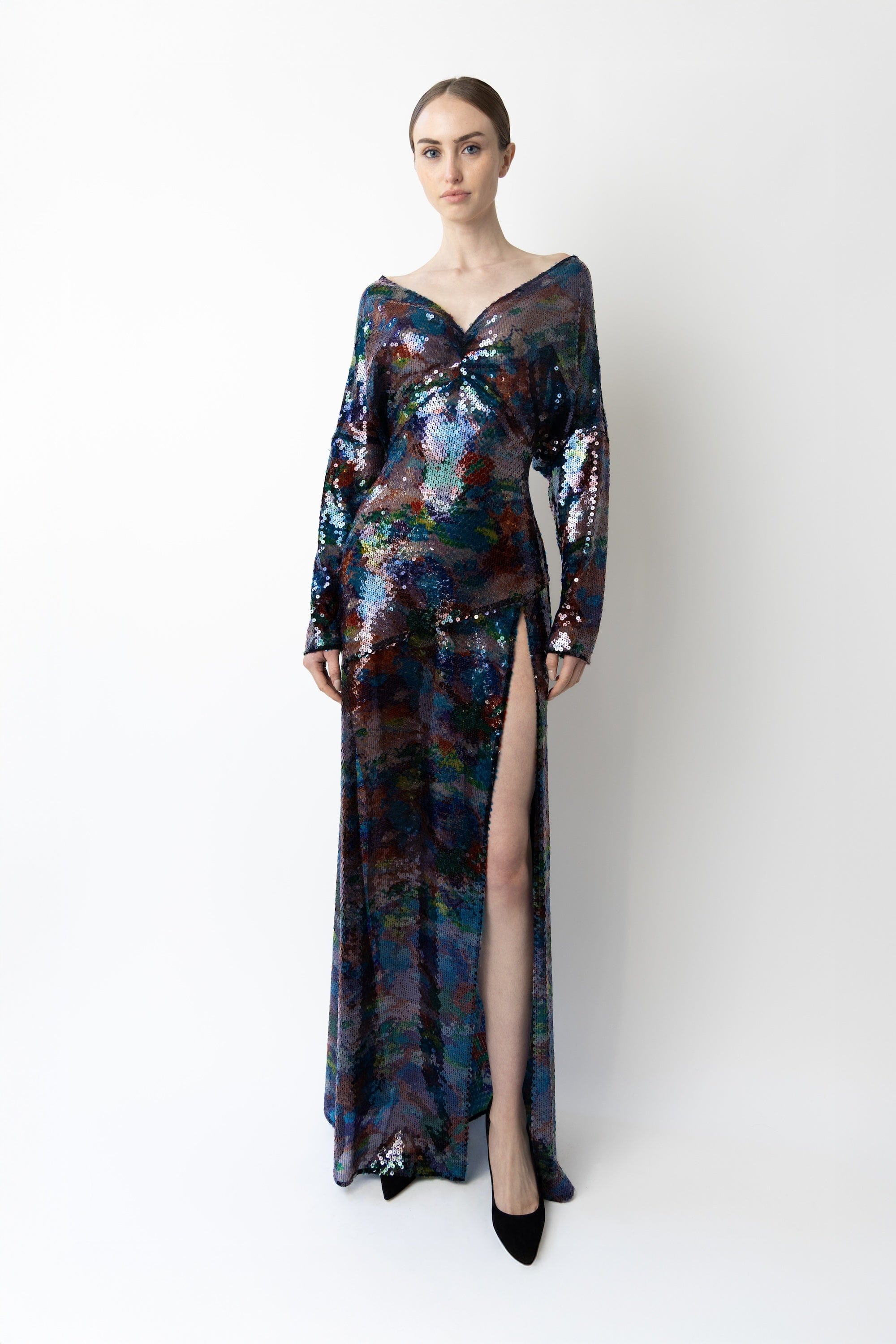 Watercolor Sequin V Neck Gown - LAPOINTE