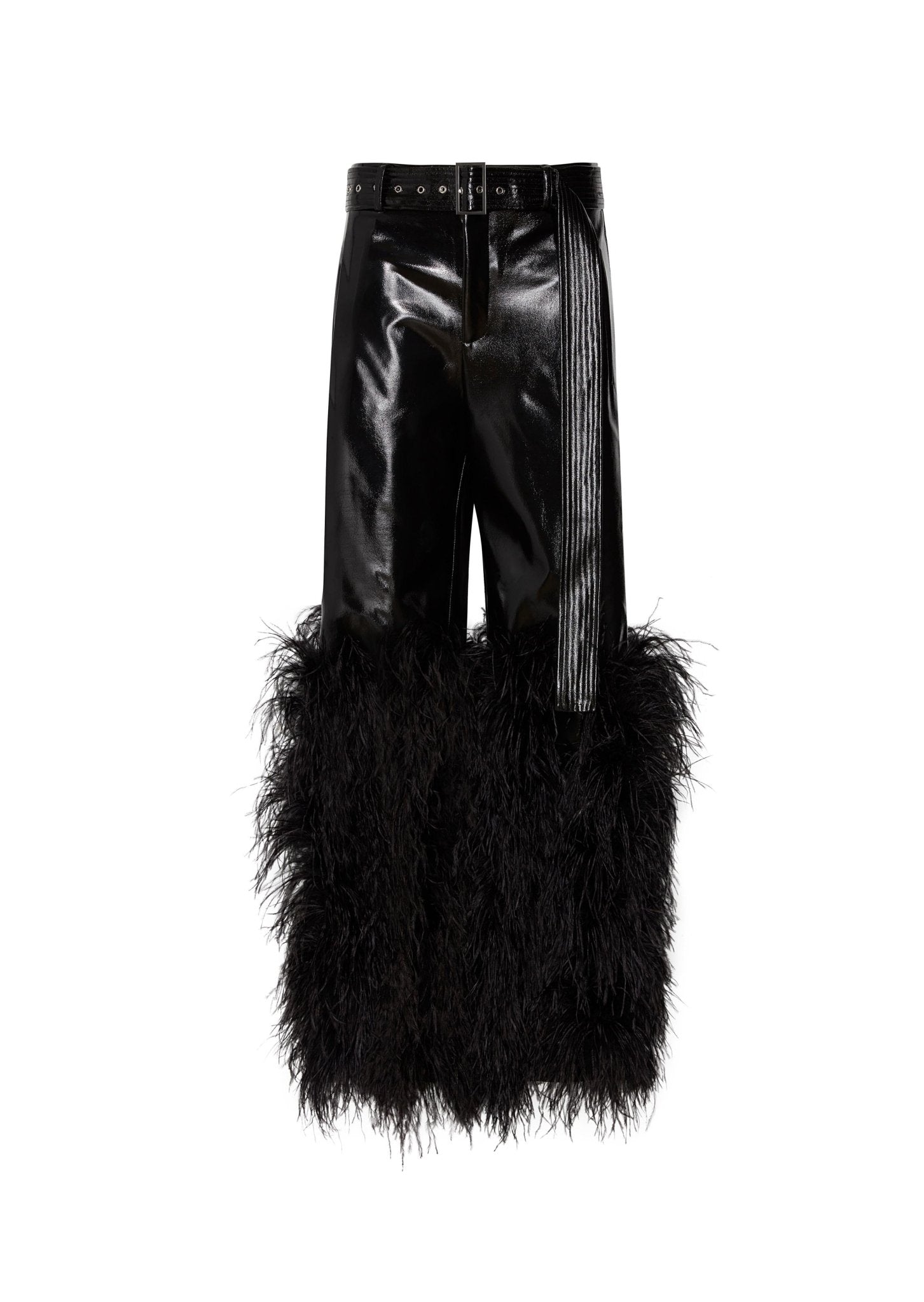 Patent Faux Leather Belted Trouser With Feathers - LAPOINTE