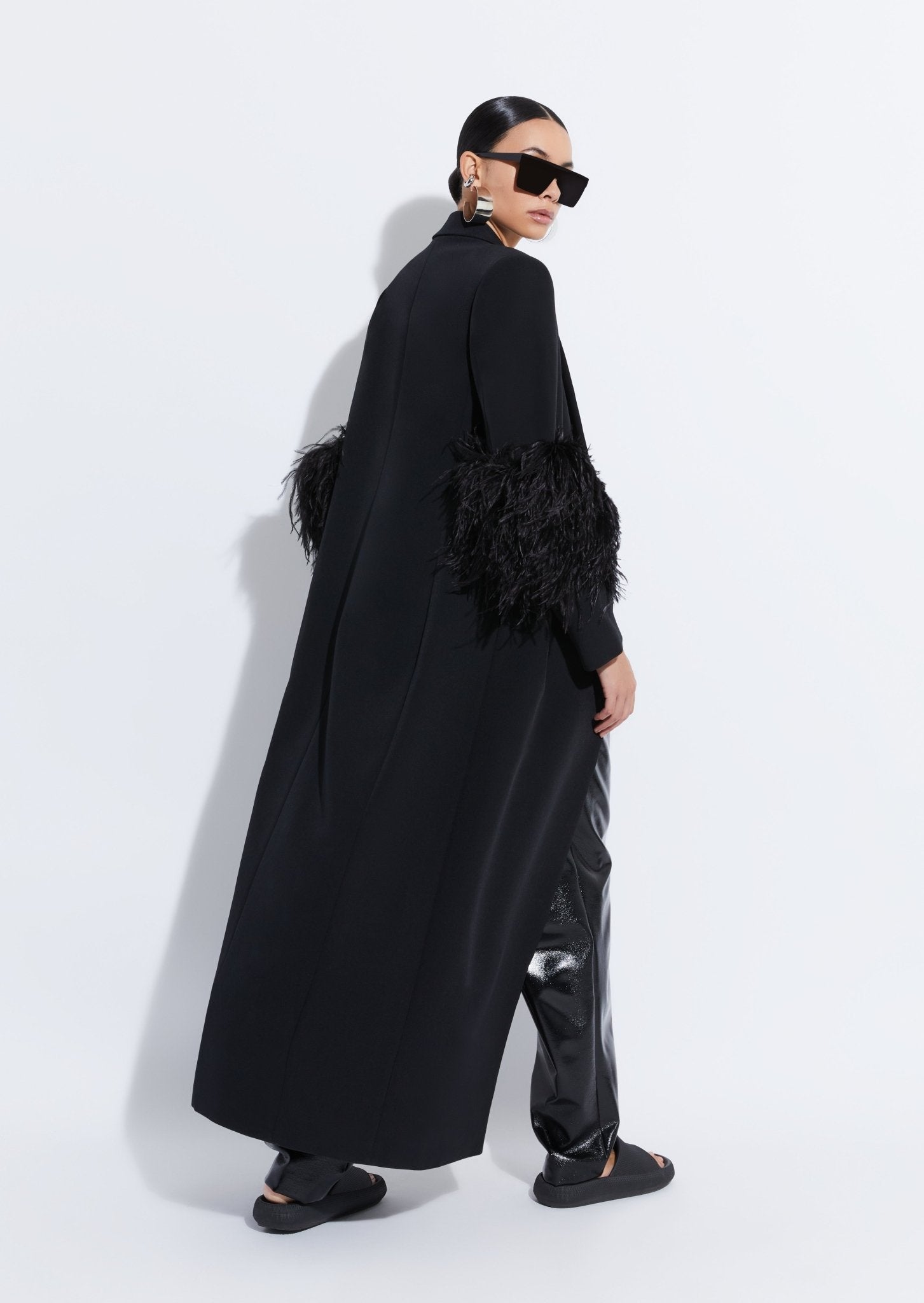 Matte Crepe Elongated Coat with Feathers - LAPOINTE