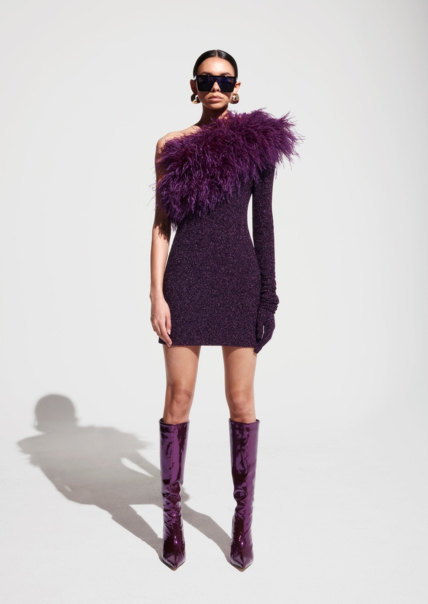 Metallic Jersey One Shoulder Dress With Feathers - LAPOINTE
