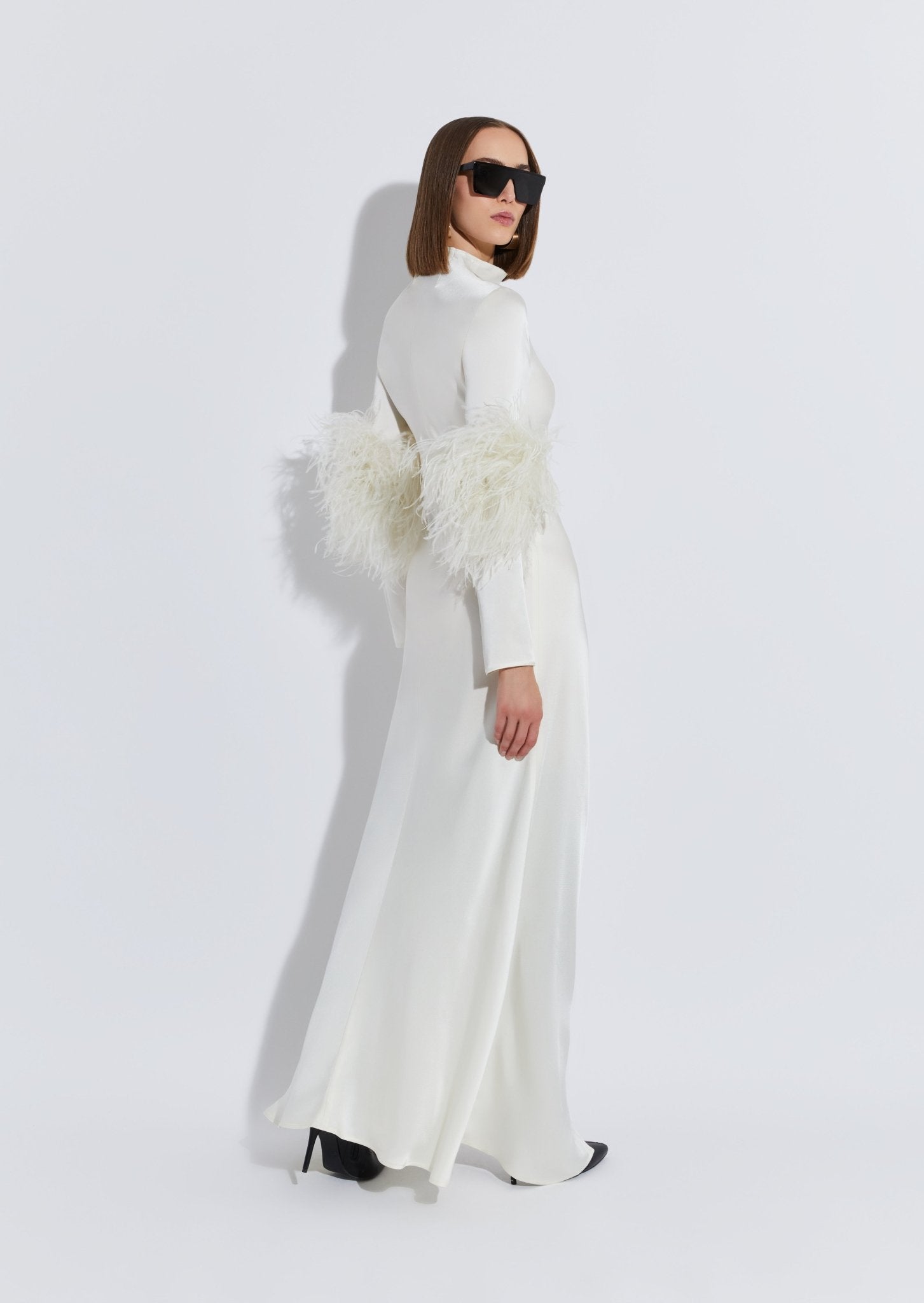 Satin Bias Feather Tab Gown With Slit - LAPOINTE