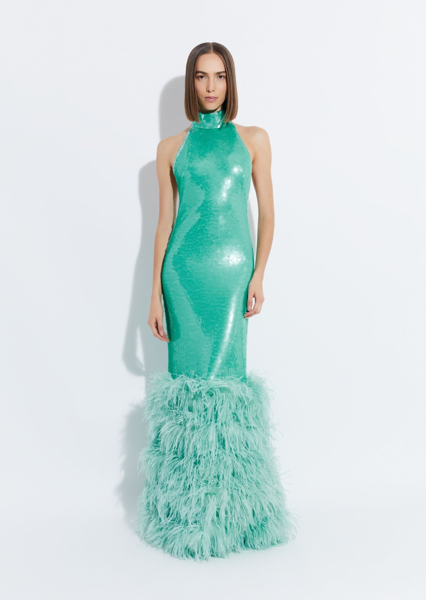 Sequin Halter Open Back Gown With Feathers - LAPOINTE