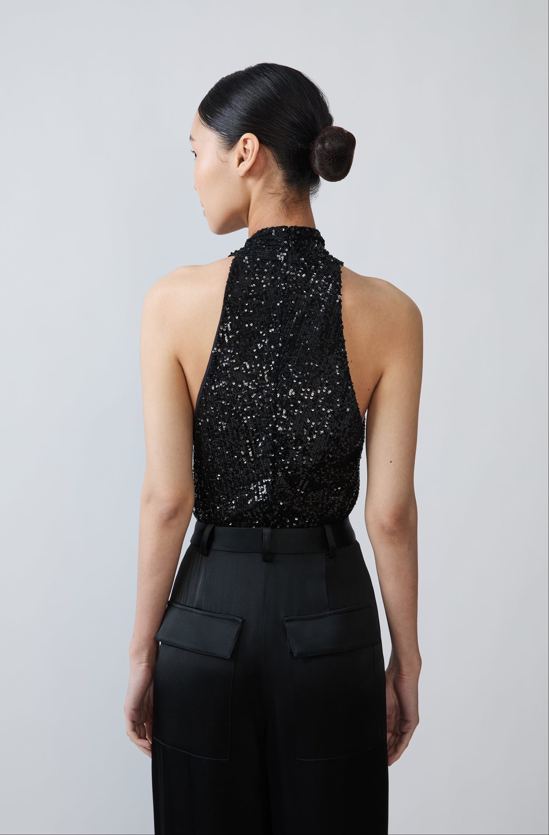 Mini Stretch Sequin Halter Cutout Bodysuit