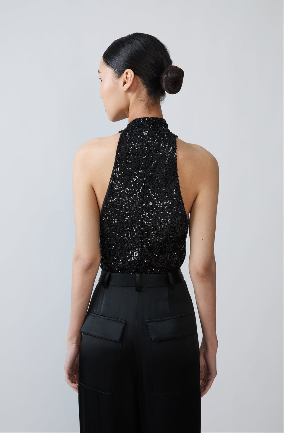 Mini Stretch Sequin Halter Cutout Bodysuit