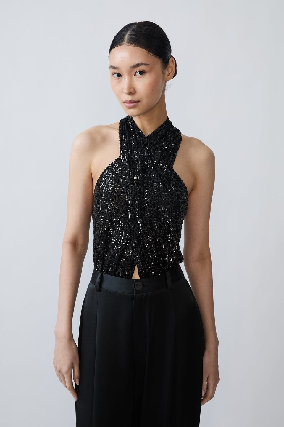 Mini Stretch Sequin Halter Cutout Bodysuit