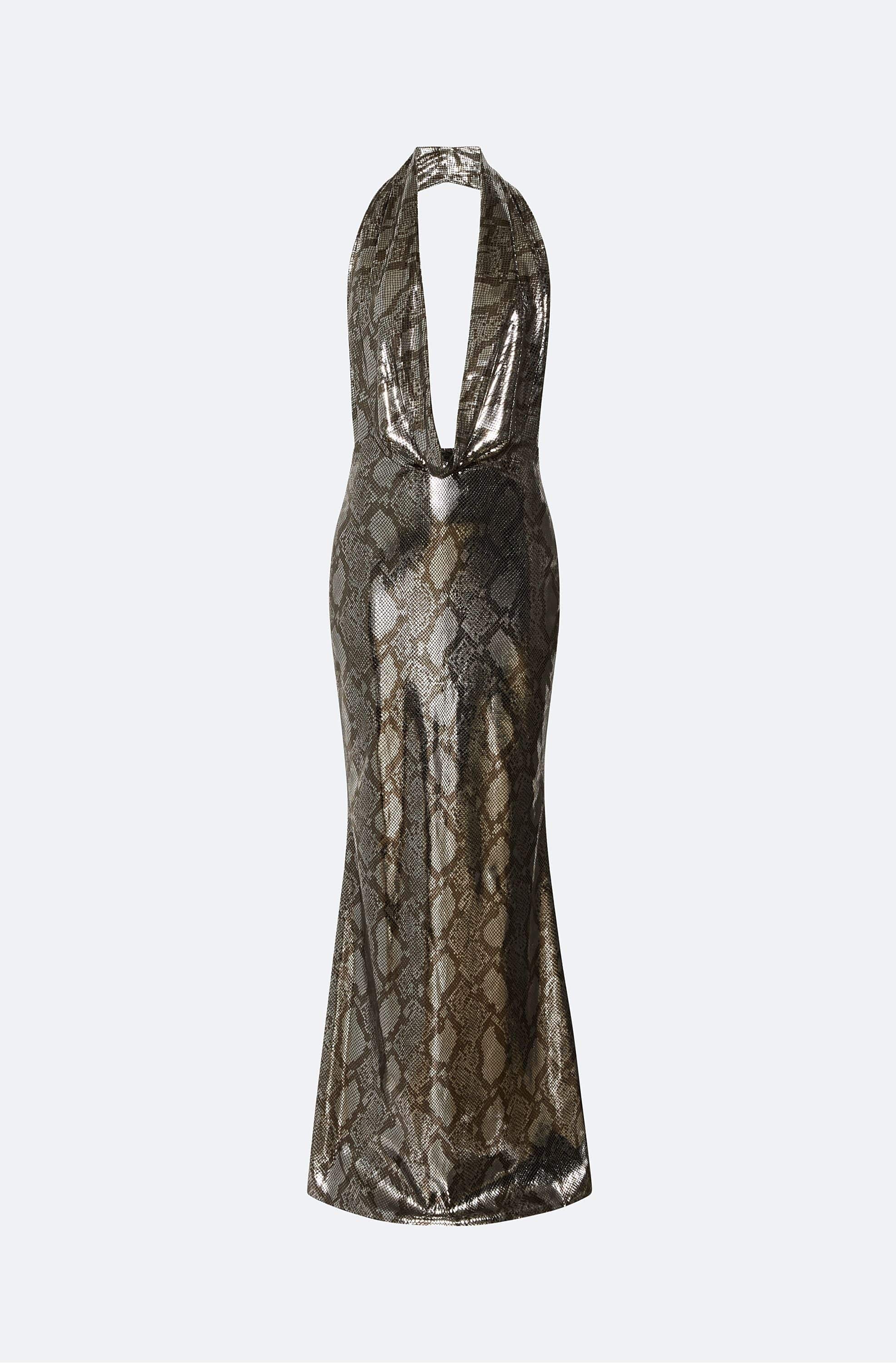 cowl neck metal dress Silver Maxi Dress - Cowl Neck Maxi - Metallic Maxi Dress