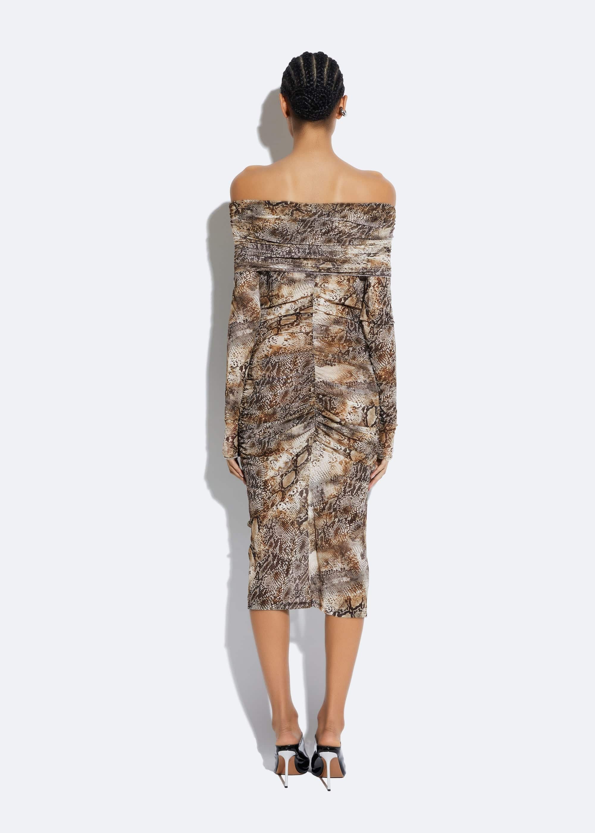 Snake Mesh Off The Shoulder Dress in Snake print Dark Brown
