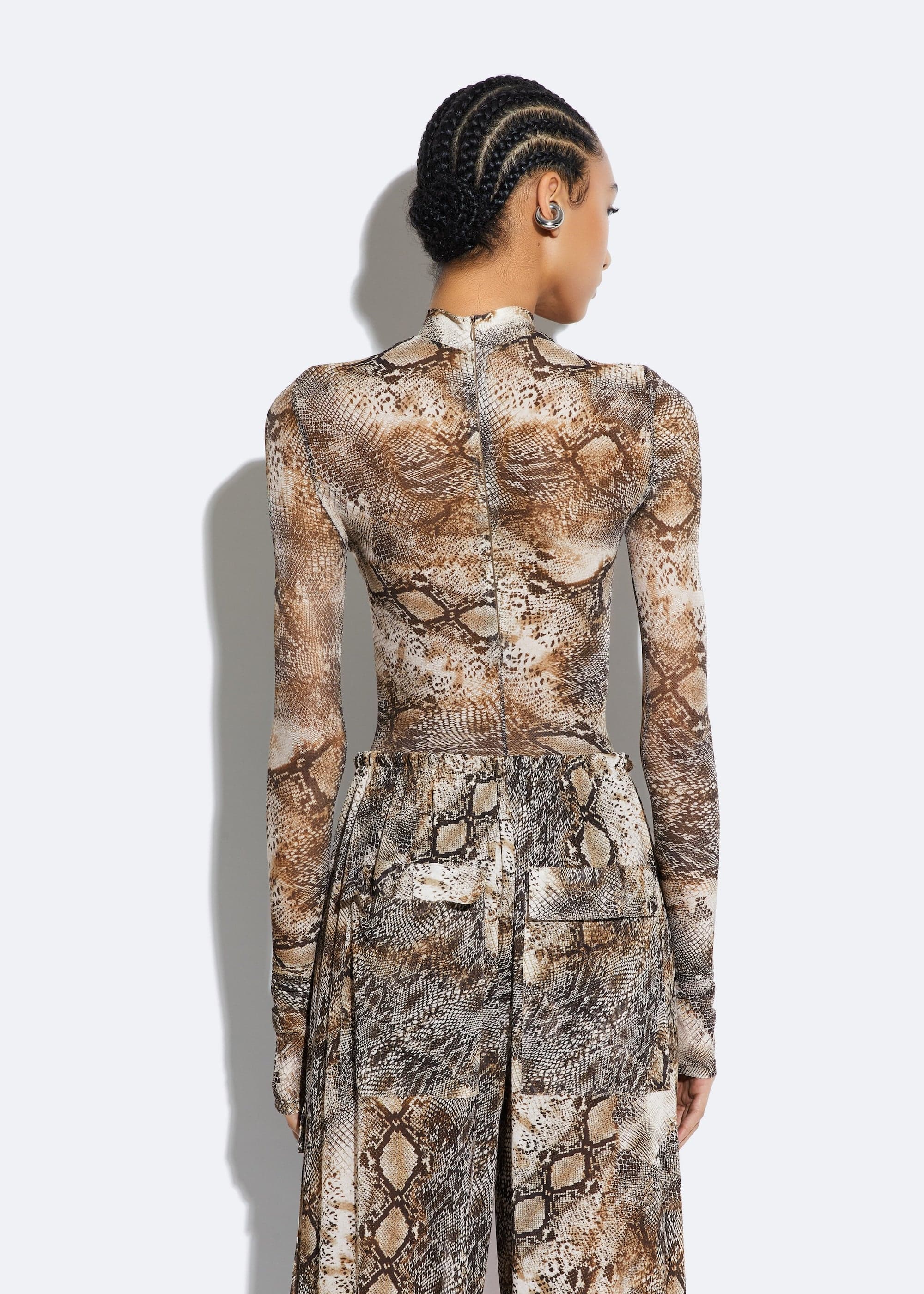 Snake Mesh Mock Neck Bodysuit in Snake print Brown LAPOINTE