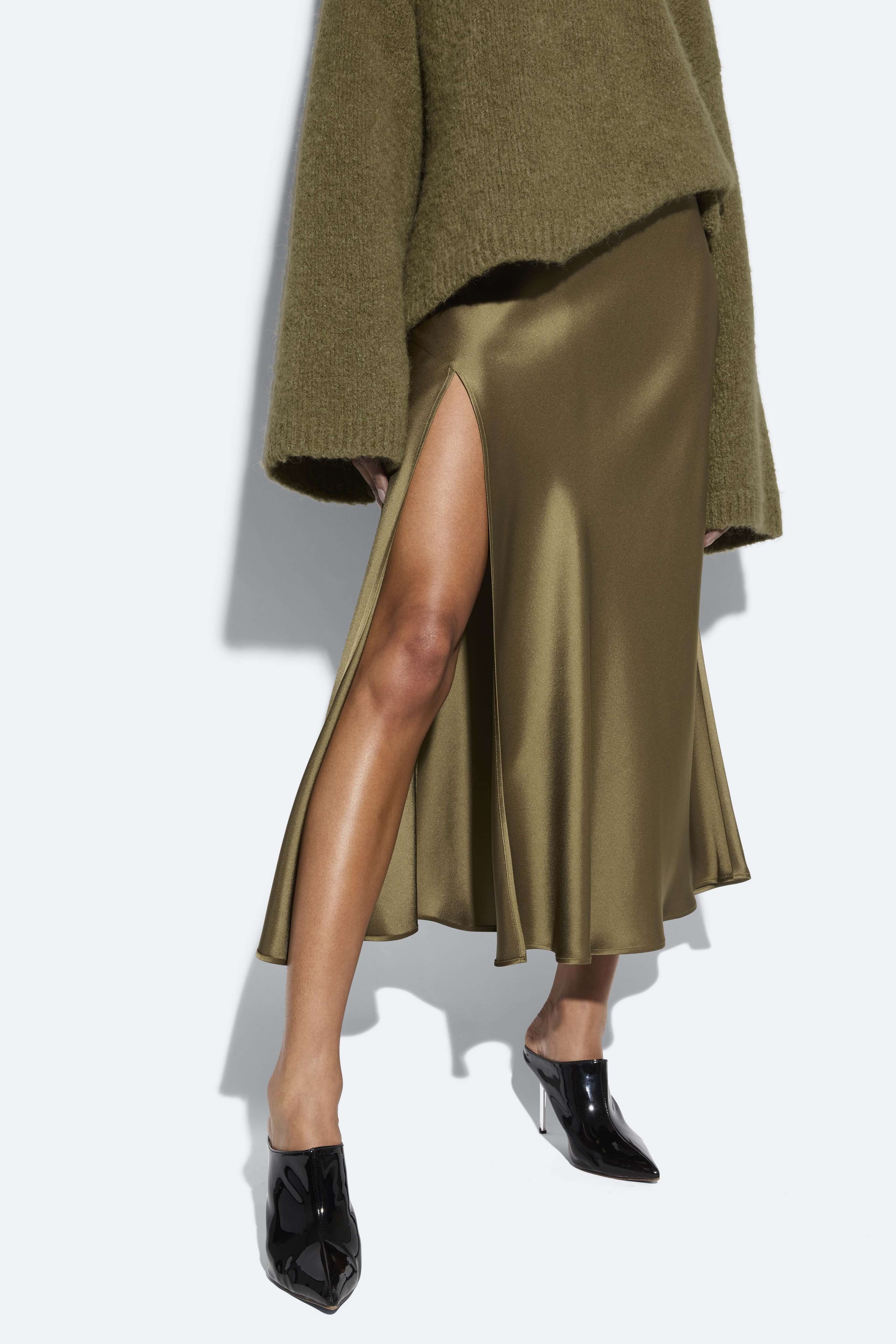 Satin Bias Midi Skirt in Dark olive Green LAPOINTE
