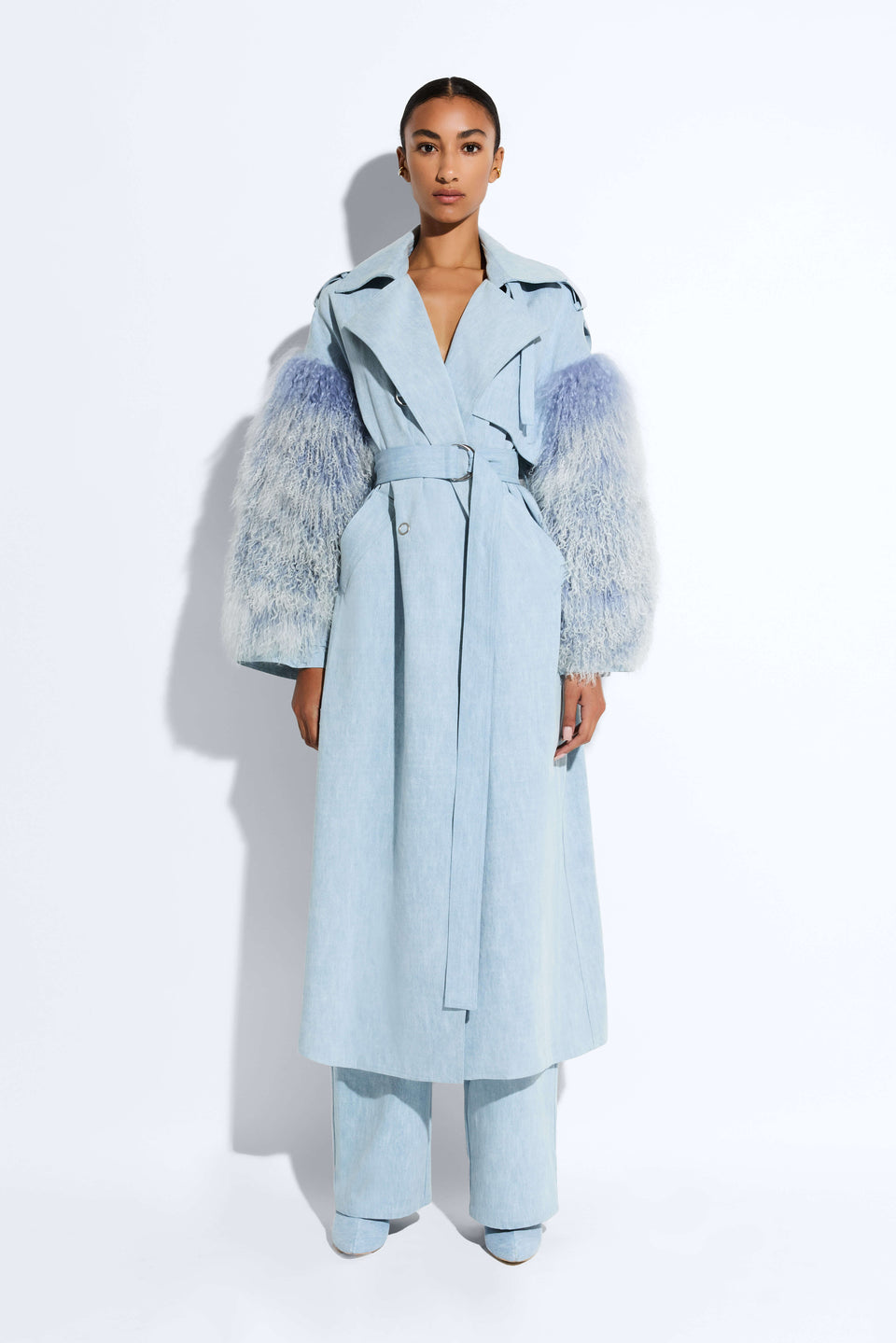 Washed Denim Double Breasted Trench With Shearling