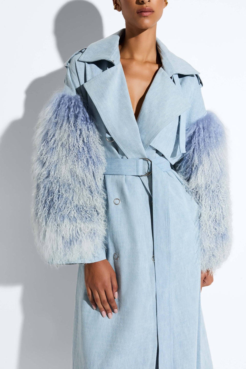 Washed Denim Double Breasted Trench With Shearling