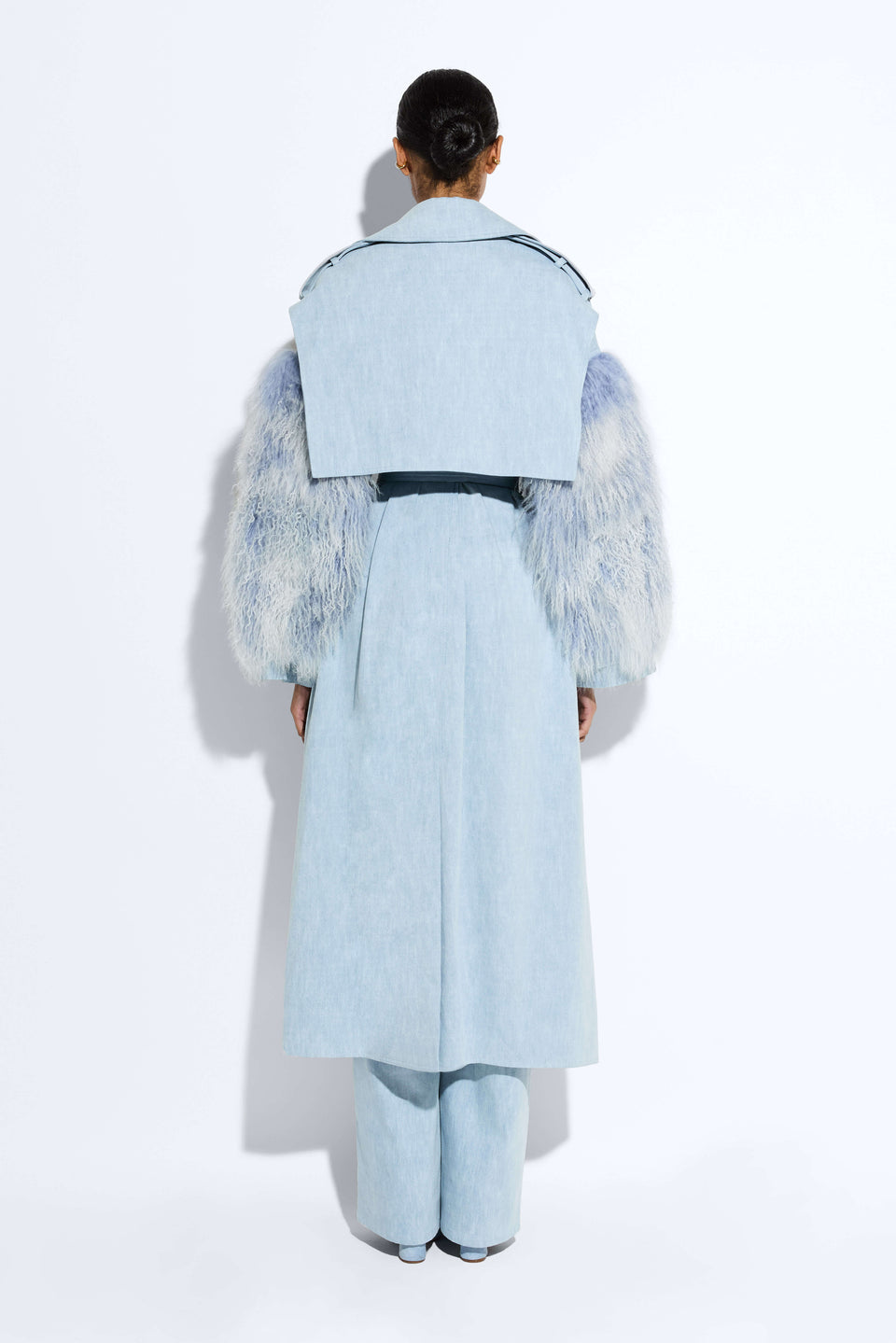 Washed Denim Double Breasted Trench With Shearling