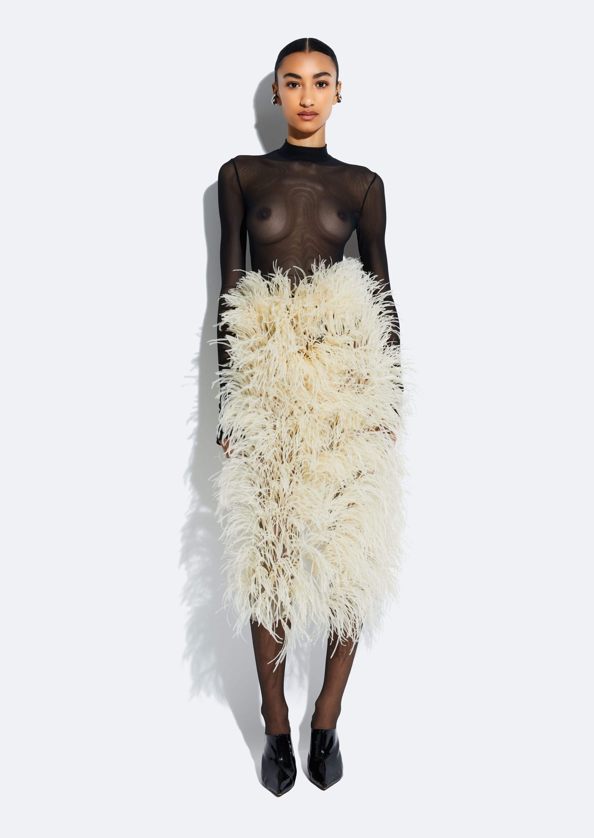 fawn white feather skirt bodycon dress Jovani 04042 Off White Feather Skirt Short Dress