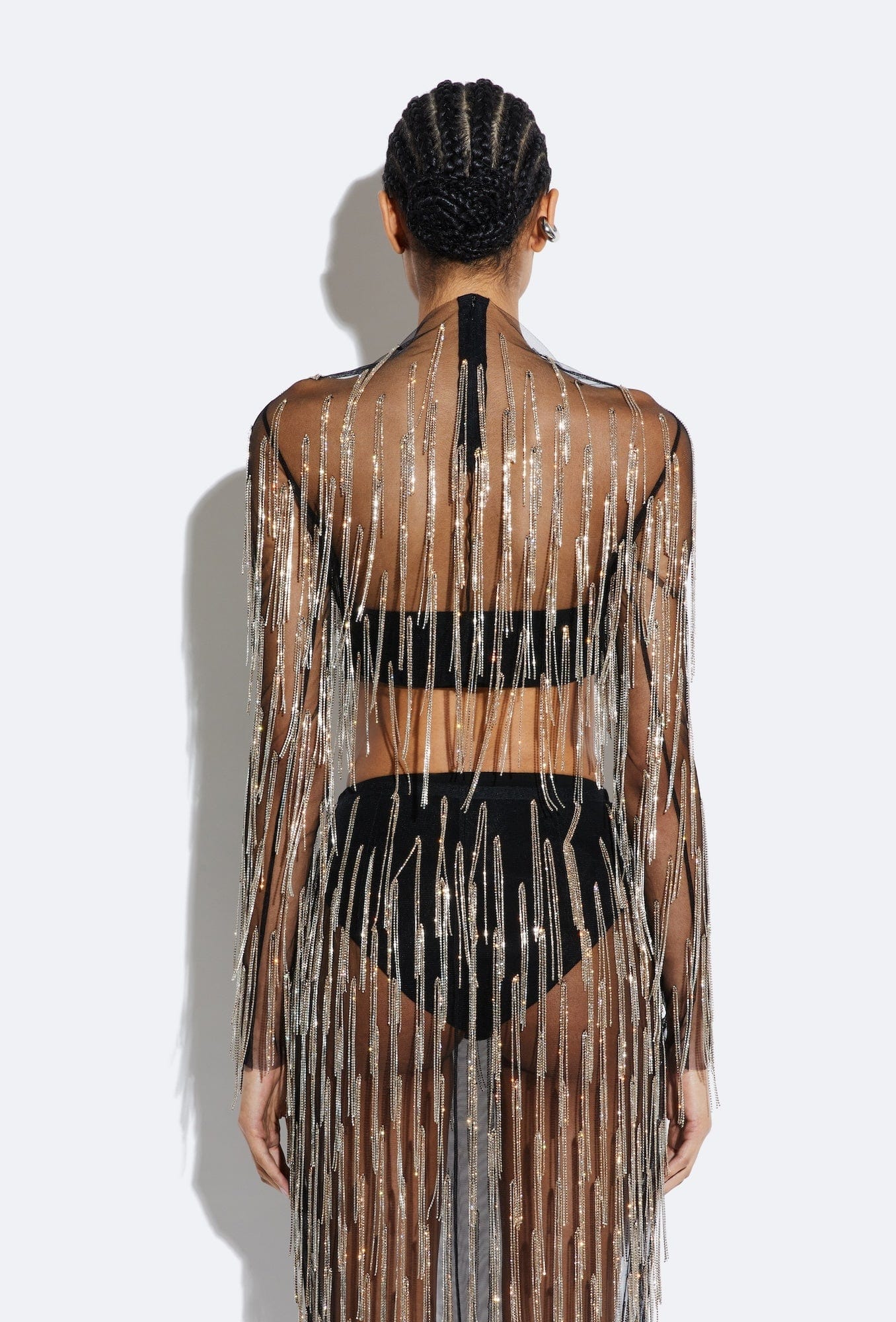 Mesh Diamond Fringe Cropped Top in Black Black | LAPOINTE Mesh Diamond Fringe Cropped Top in Black Black | LAPOINTE