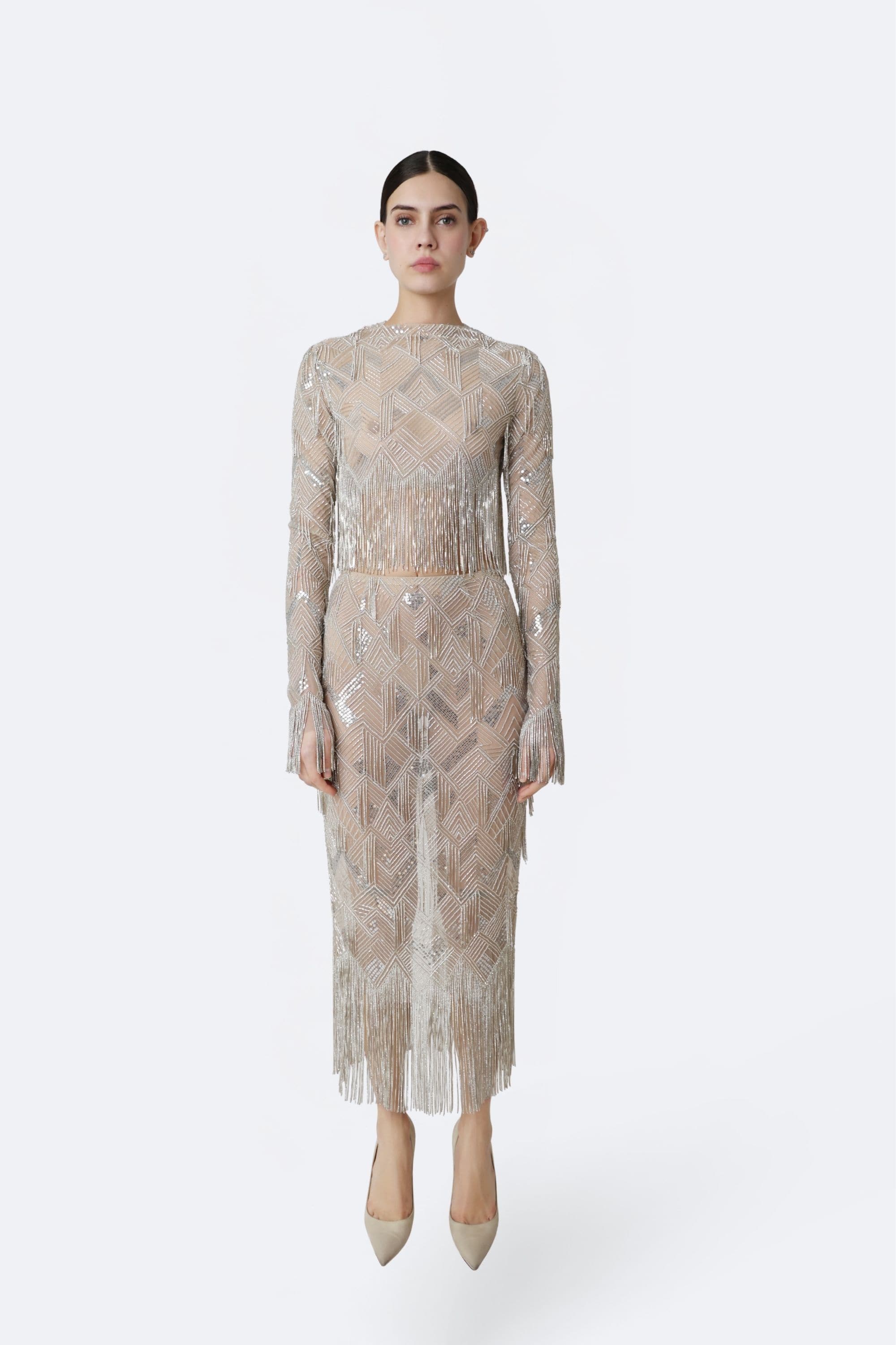 Geometric Crystal Fringe High Waist Skirt