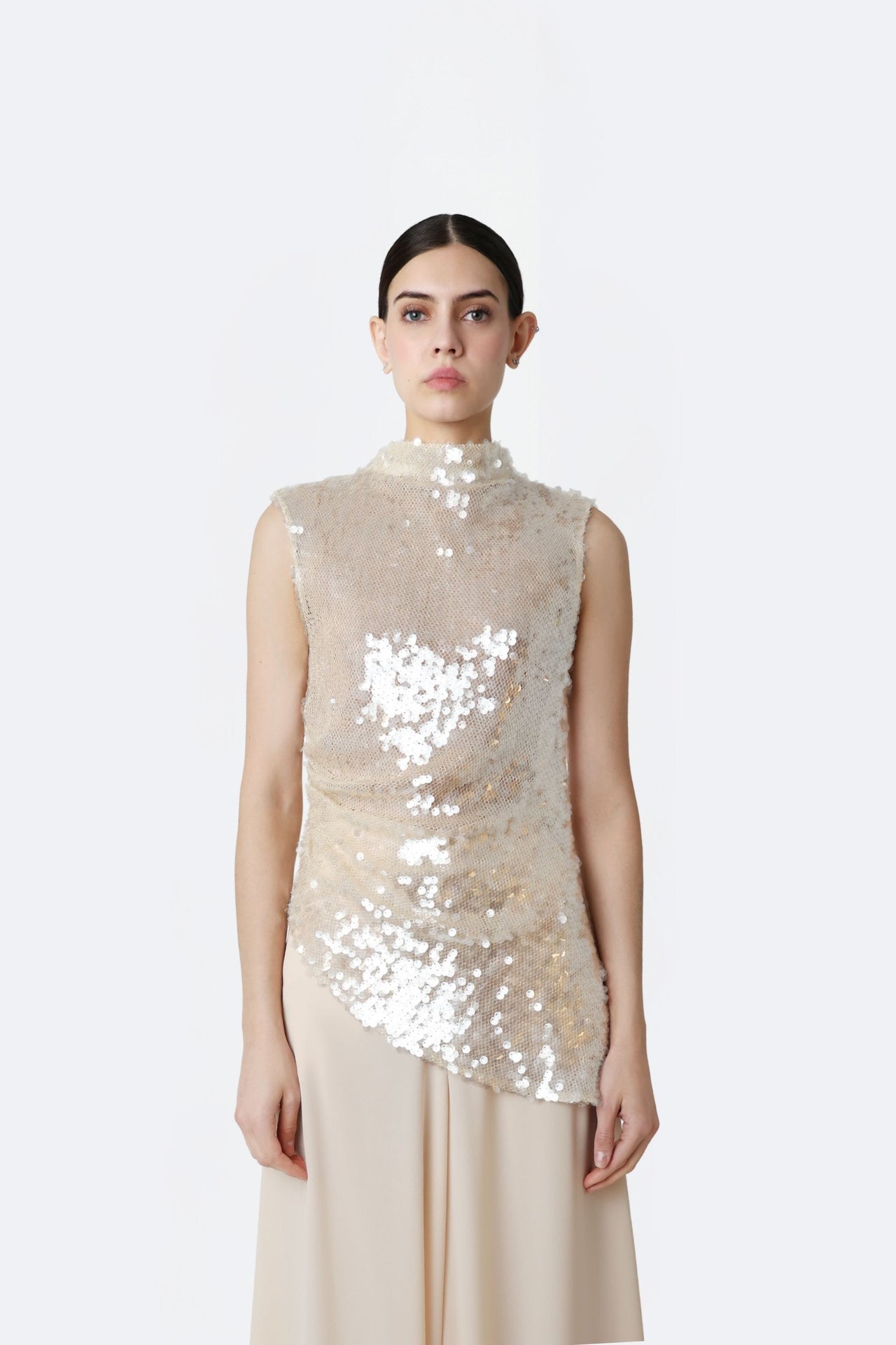 Mesh Sequin Mockneck Top With Pleats
