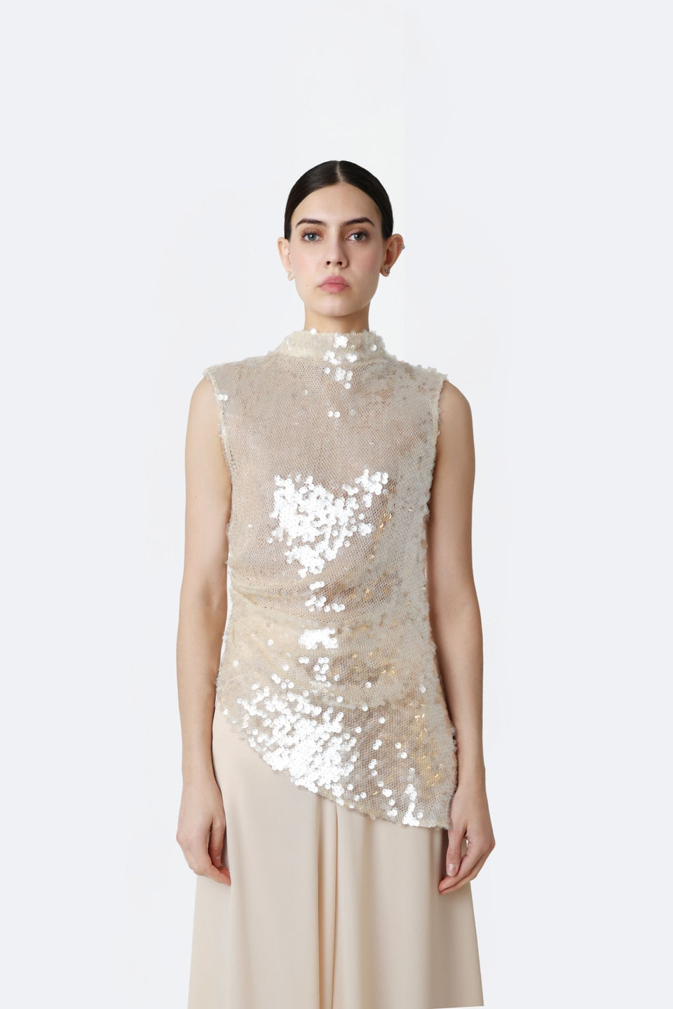 Mesh Sequin Mockneck Top With Pleats
