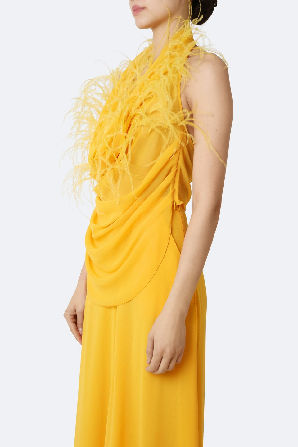 Lightweight Georgette Draped Cowl Neck Top With Feathers - LAPOINTE