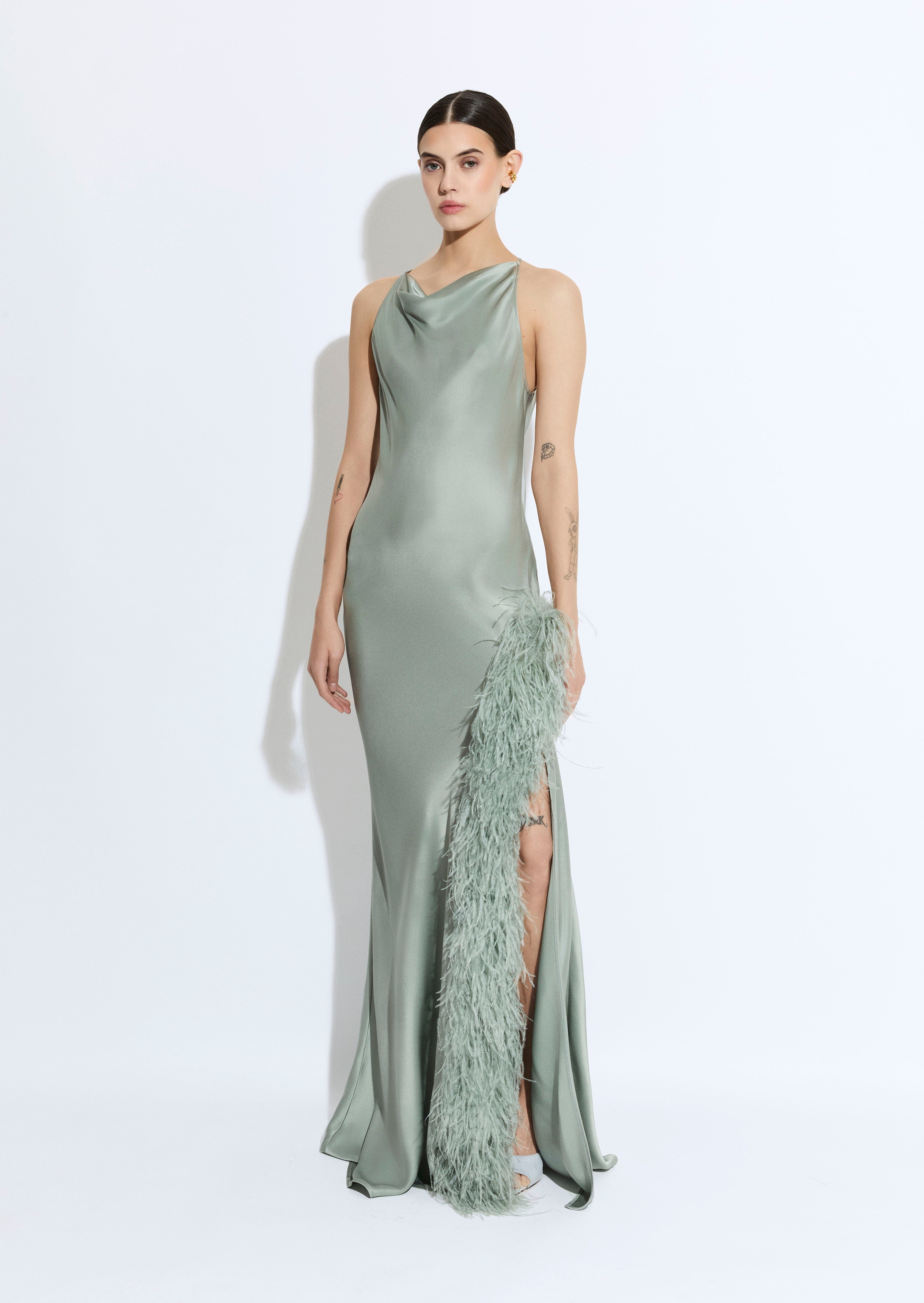 Satin Halter Gown With Feathers