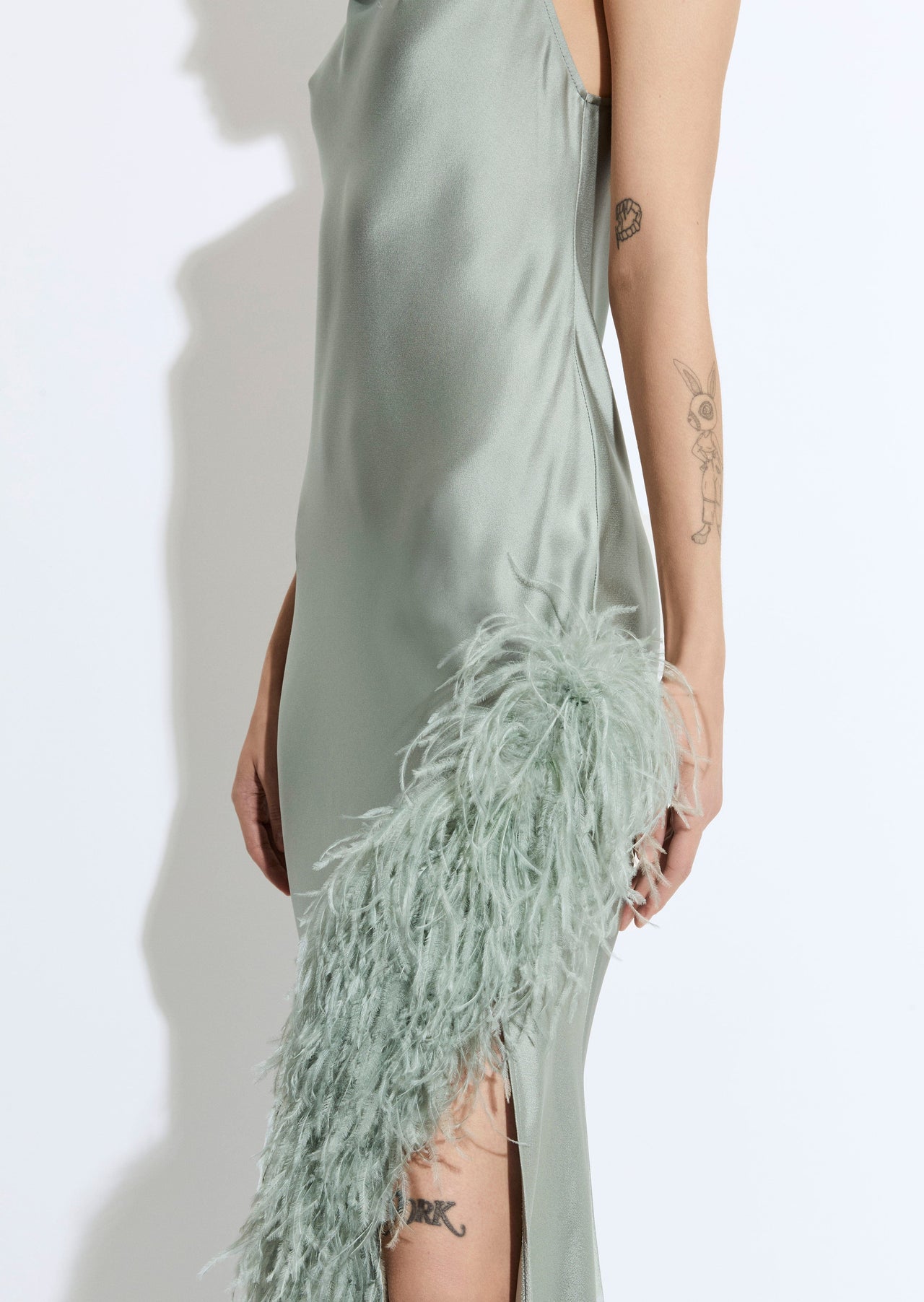 Satin Halter Gown With Feathers