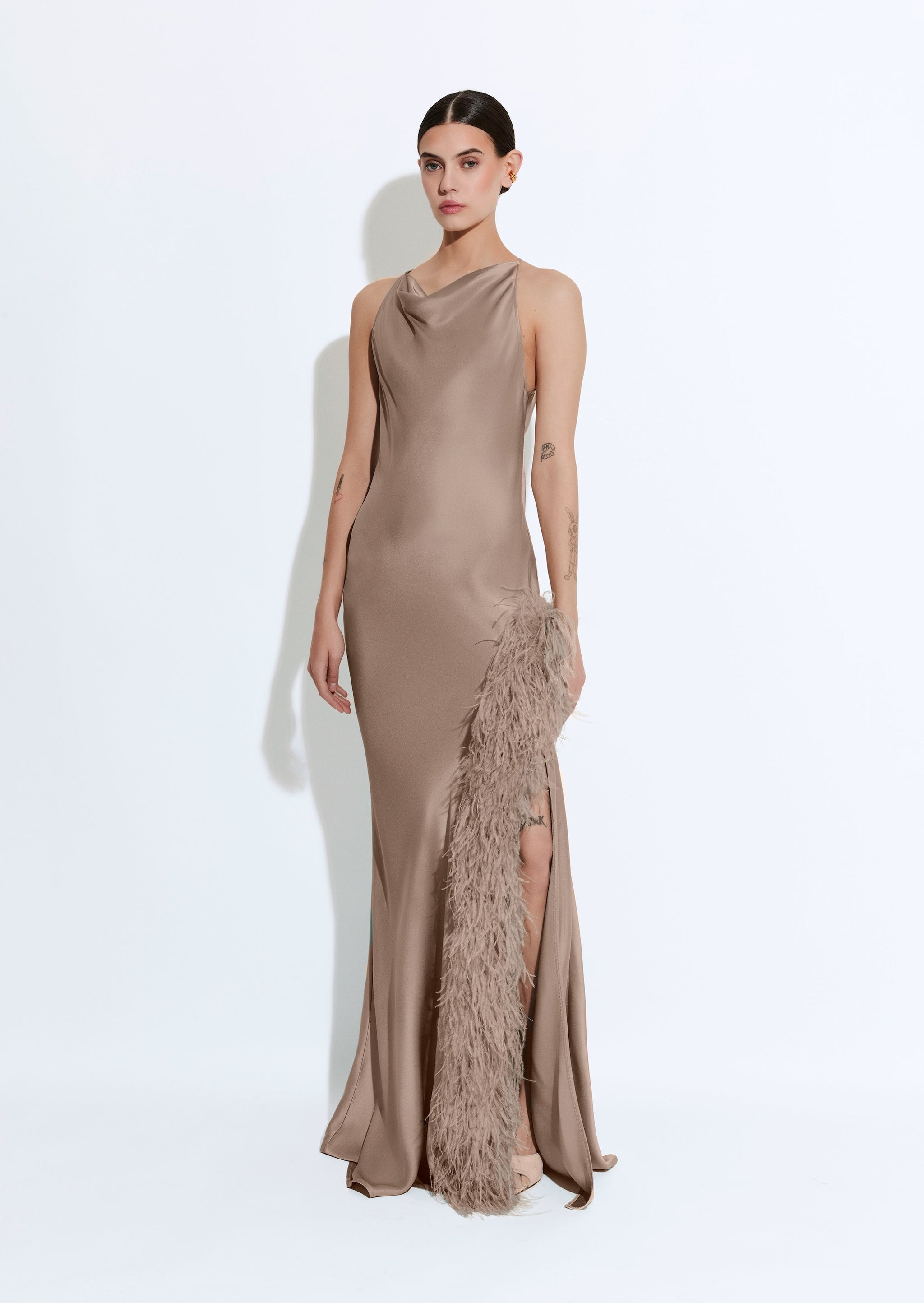 Satin Halter Gown With Feathers - LAPOINTE