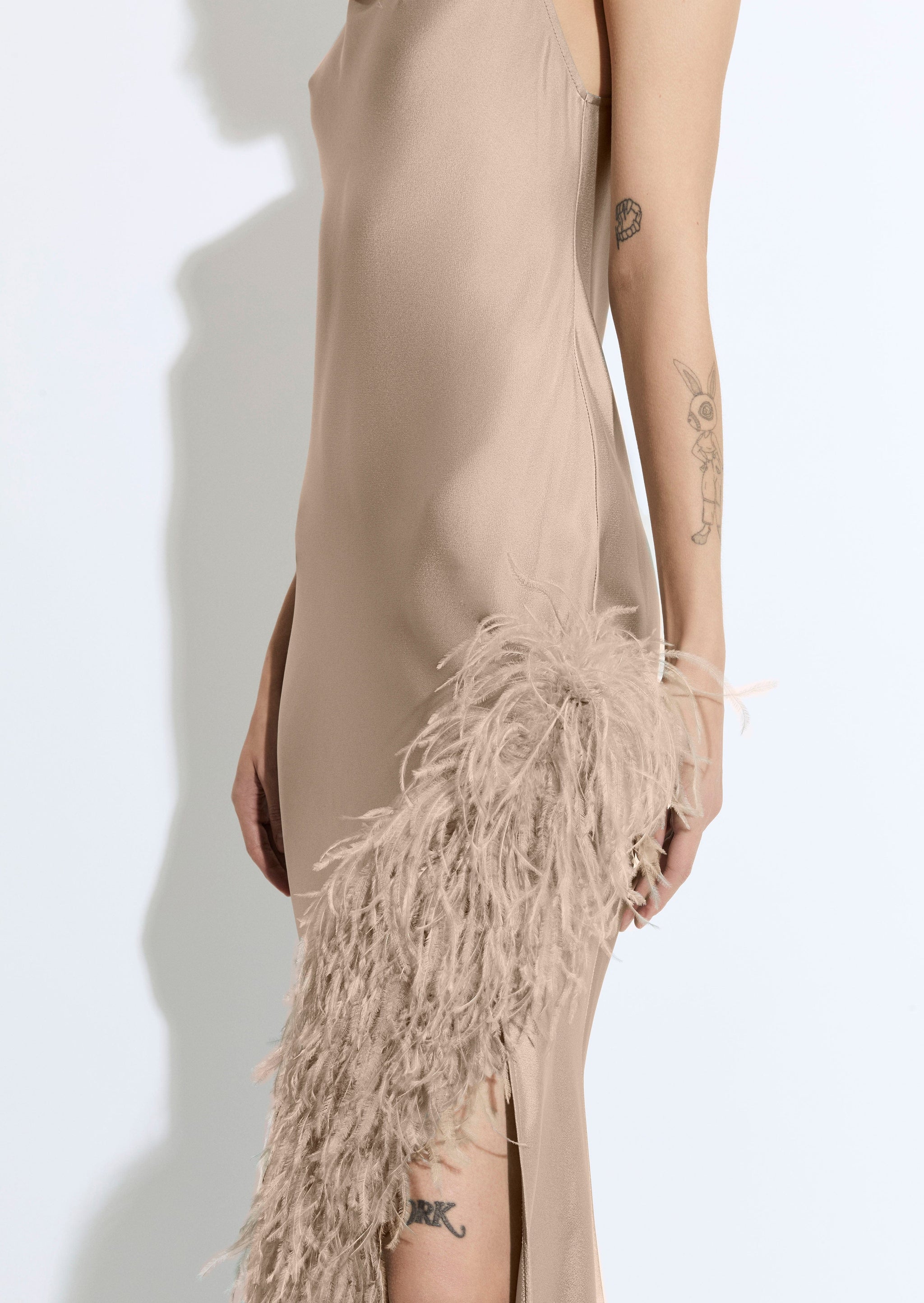 Satin Halter Gown With Feathers