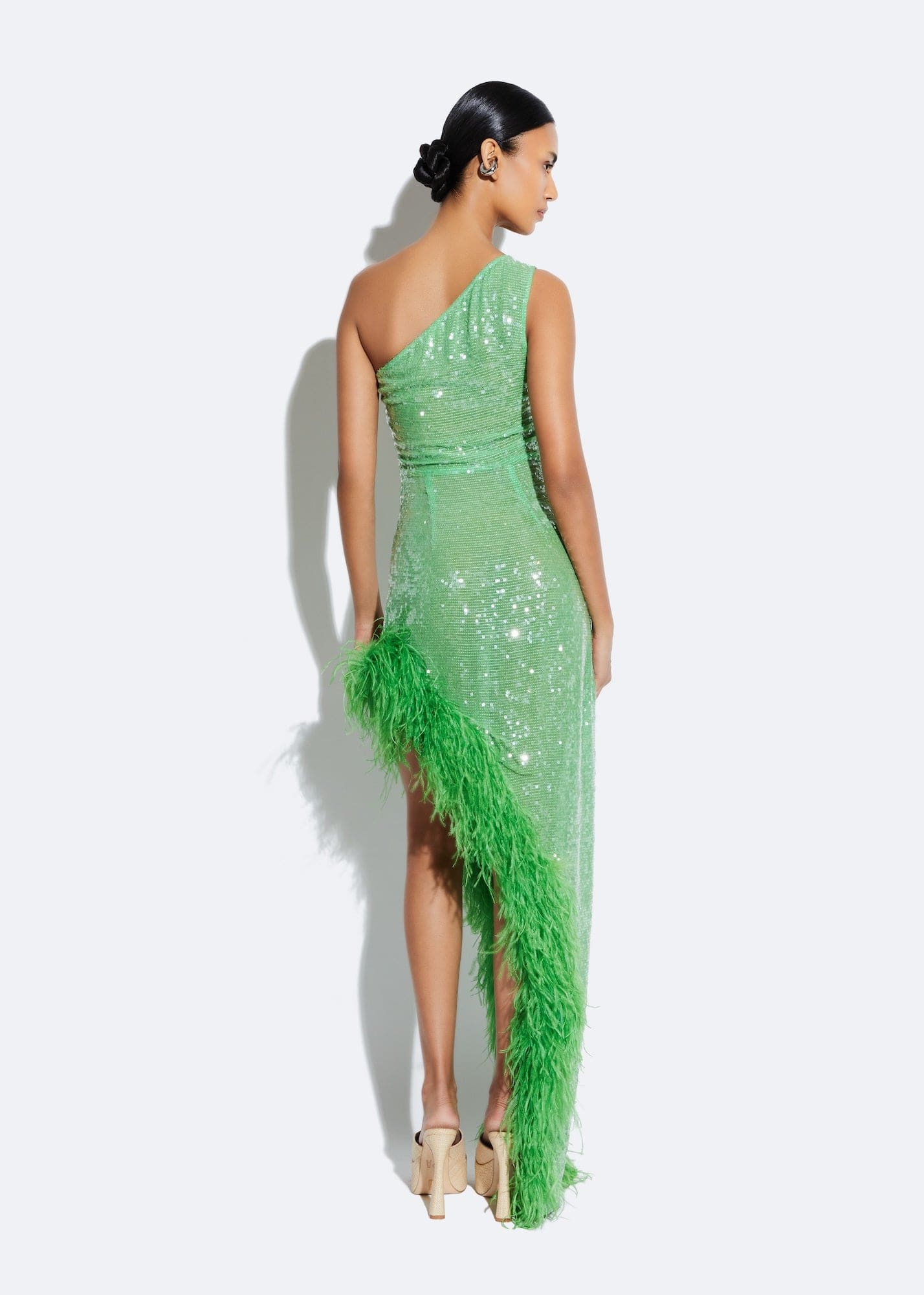 Sequin Sleeveless One Shoulder Dress With Feathers