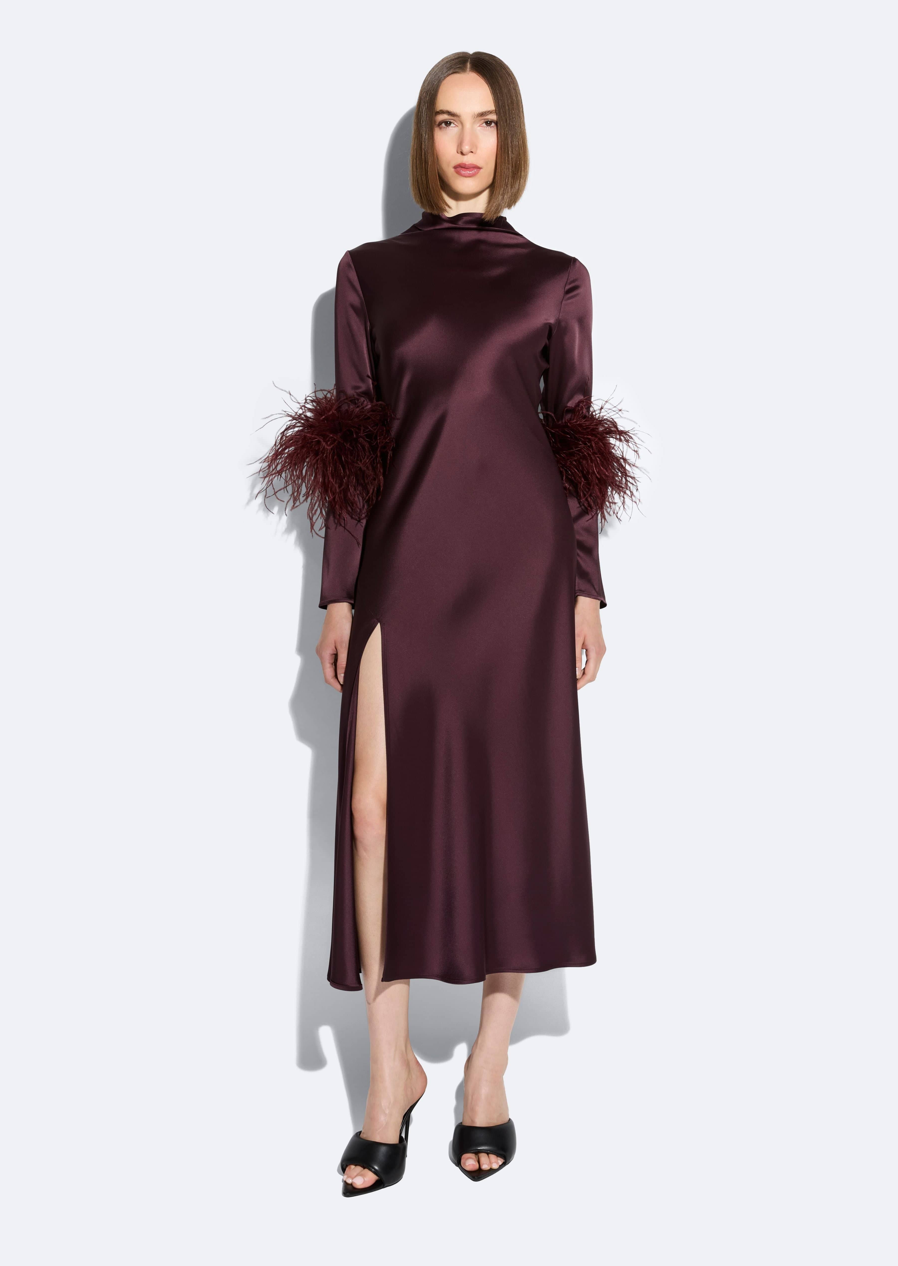 Satin Draped Neck Bias Dress With Feathers in Mulberry Red | LAPOINTE