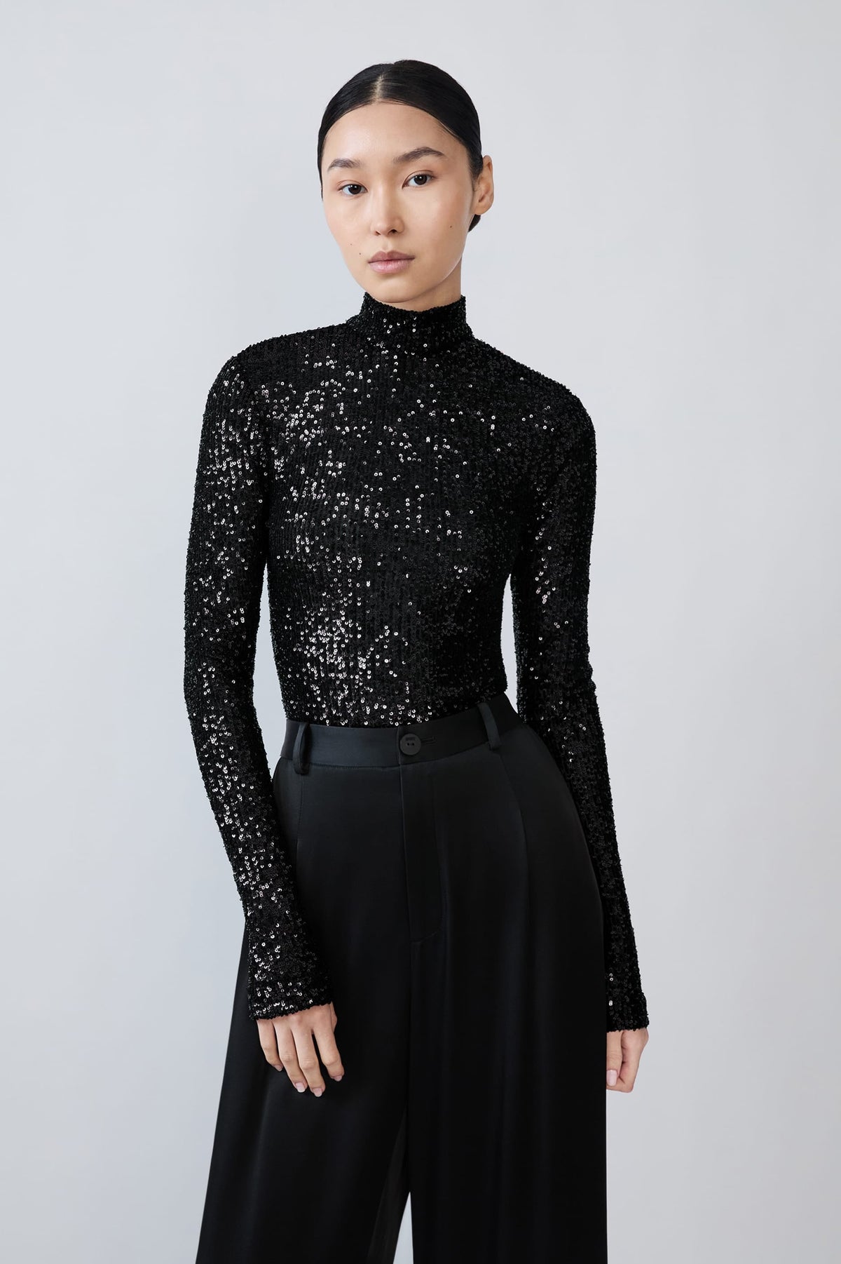 Mini Stretch Sequin Mock Neck Bodysuit