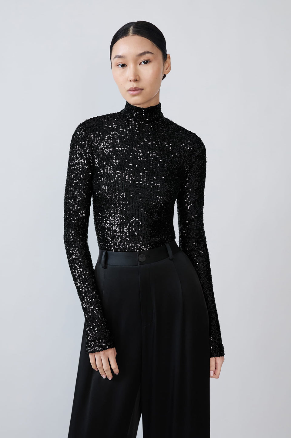 Mini Stretch Sequin Mock Neck Bodysuit