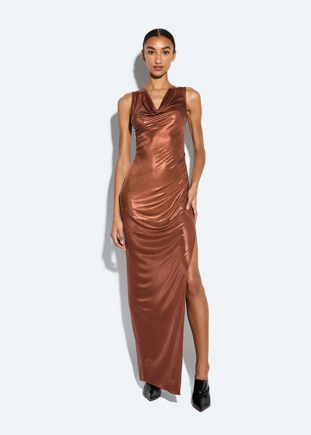 Coated Jersey Cowl Neck Gown in Copper Brown