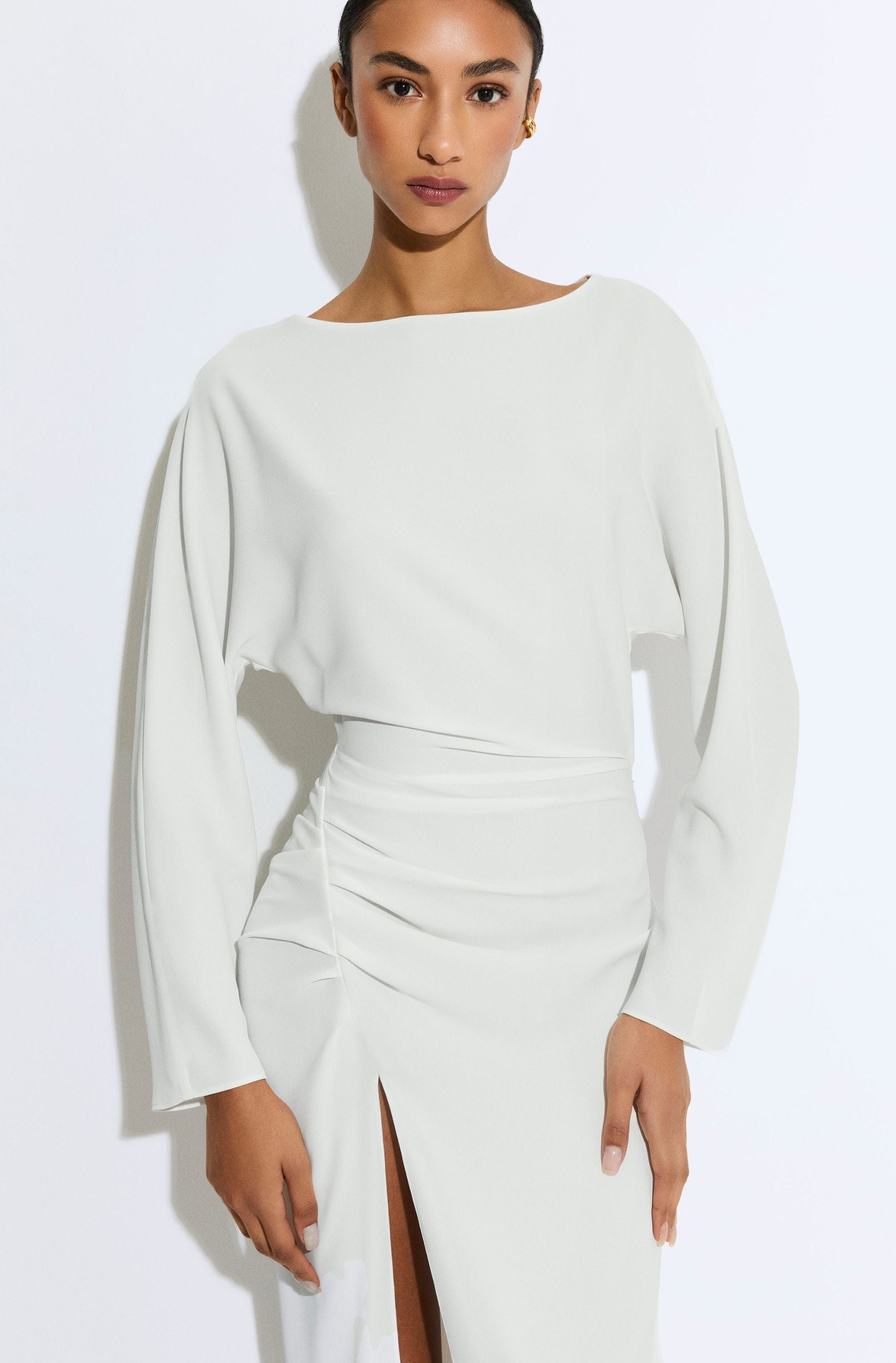 white stretch dress Stretch Drape Crepe Off The Shoulder Dress in Off white White
