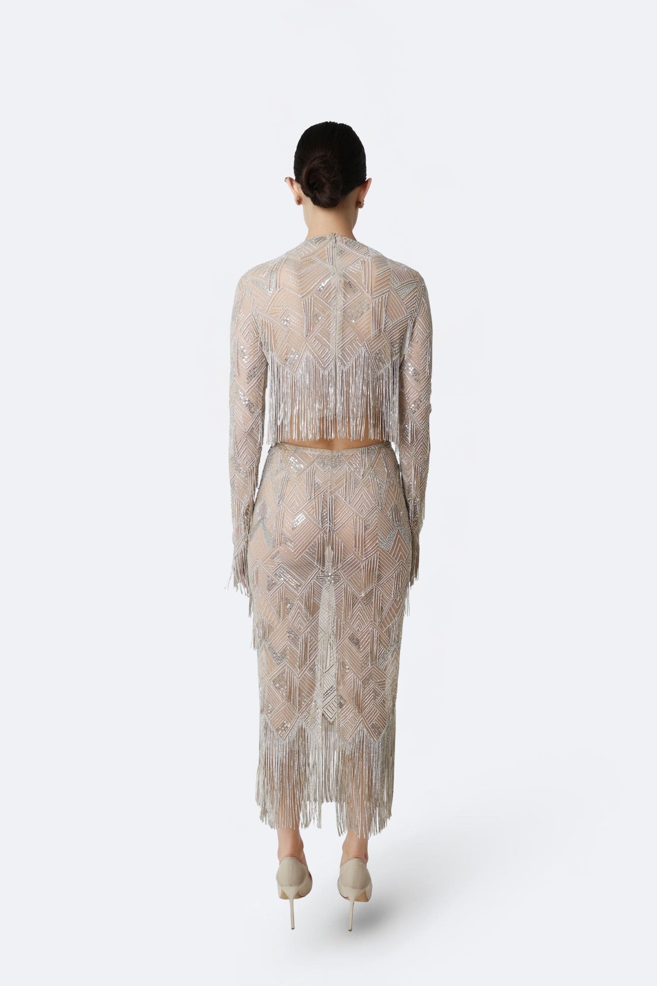 Geometric Crystal Fringe High Waist Skirt