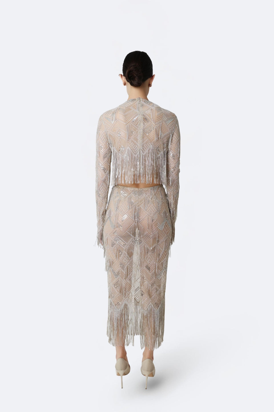 Geometric Crystal Fringe High Waist Skirt