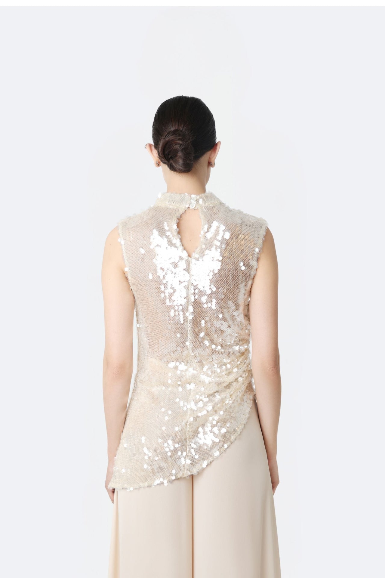 Mesh Sequin Mockneck Top With Pleats