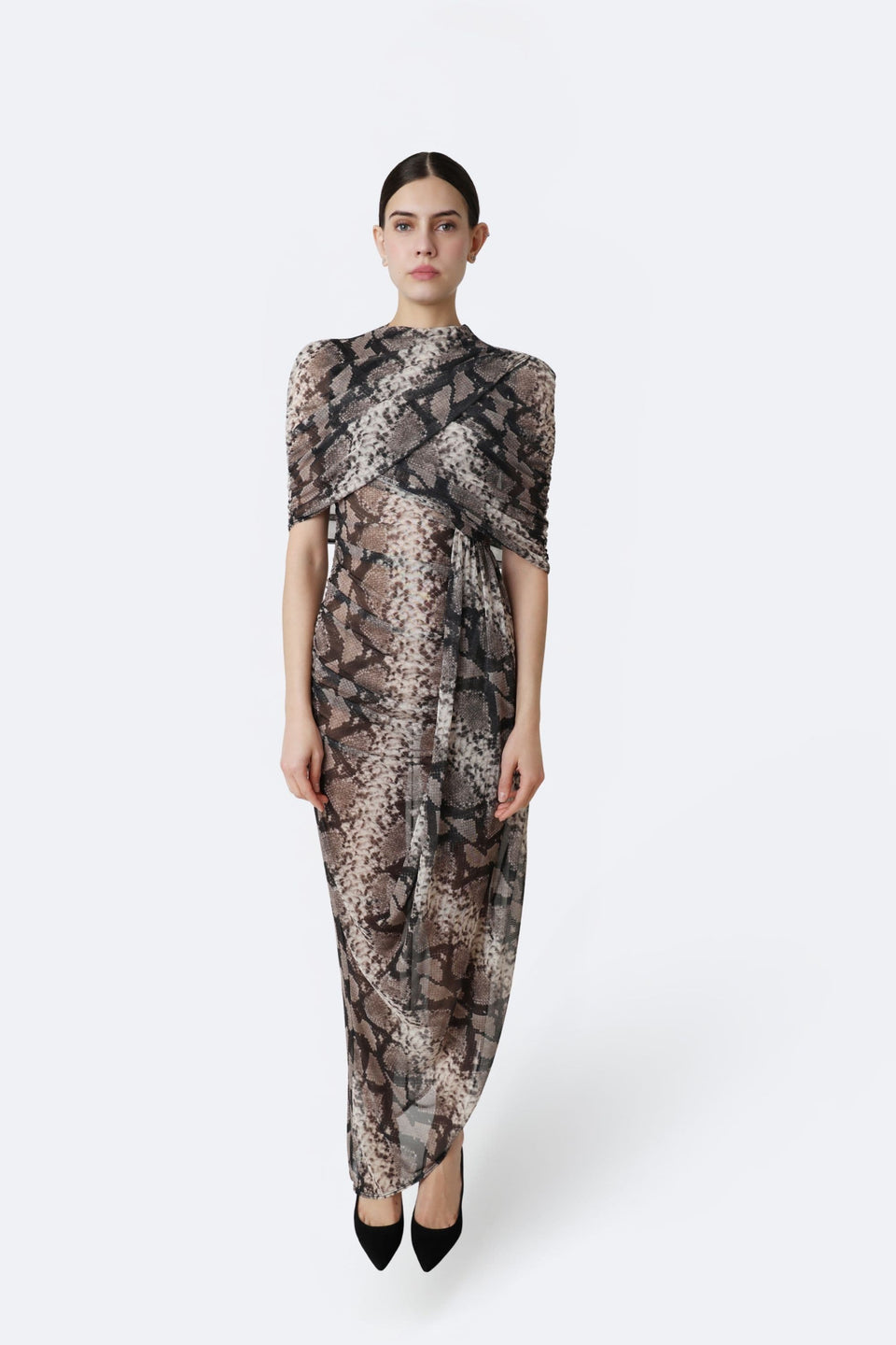 Printed Mesh Double Shawl Draped Dress