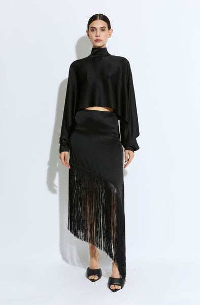 マタニティ WILLFULLY aslope fringe tiered SK Black Asymmetric Fringe Top | Karen Kane