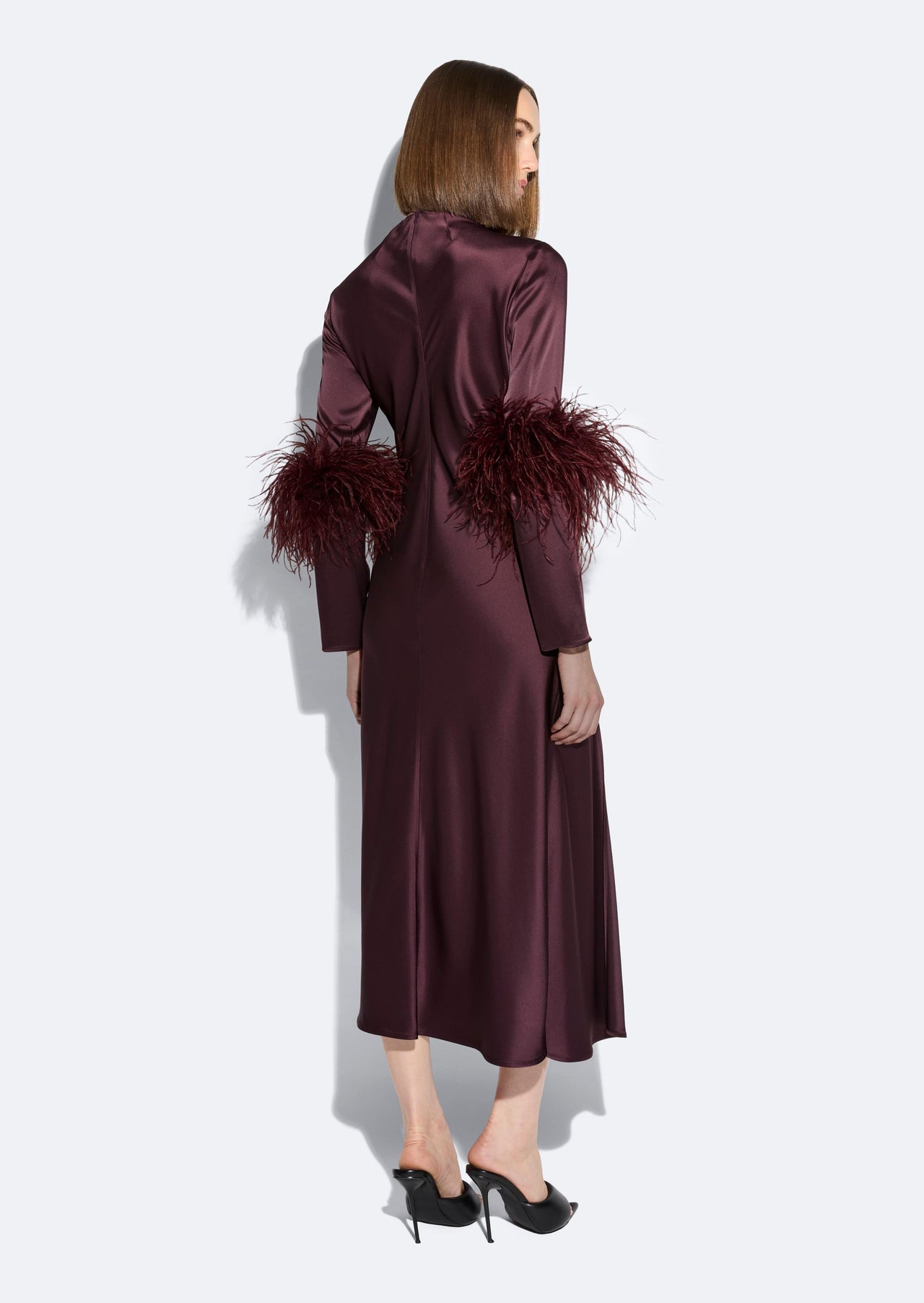 Satin Draped Neck Bias Dress With Feathers