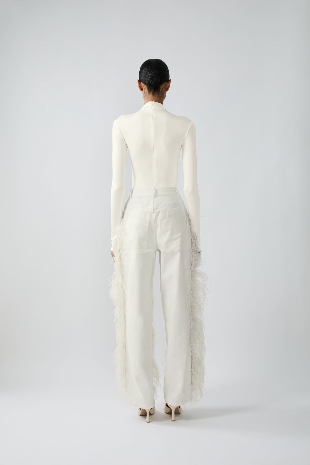 Stretch Cotton Twill Denim Pant With Feathers