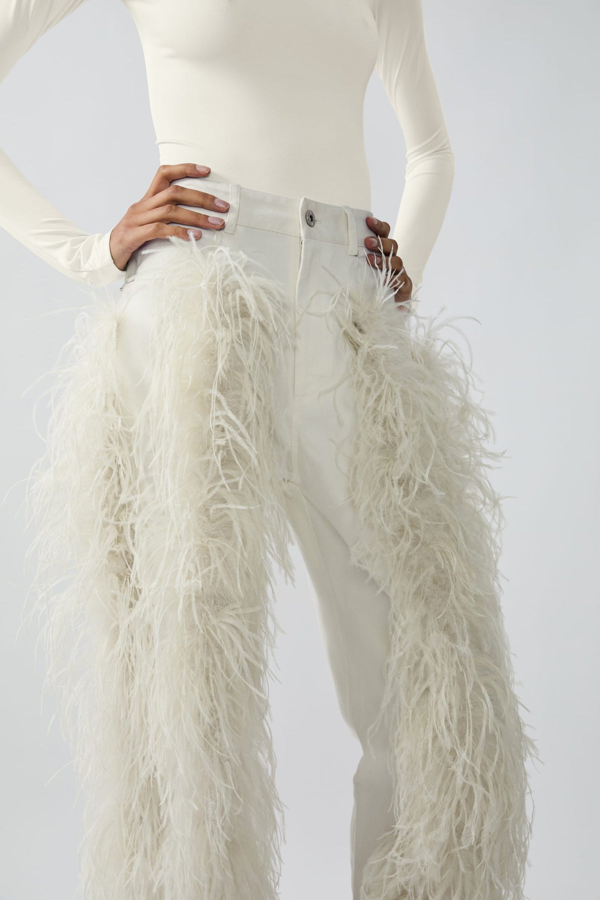 Stretch Cotton Twill Denim Pant With Feathers
