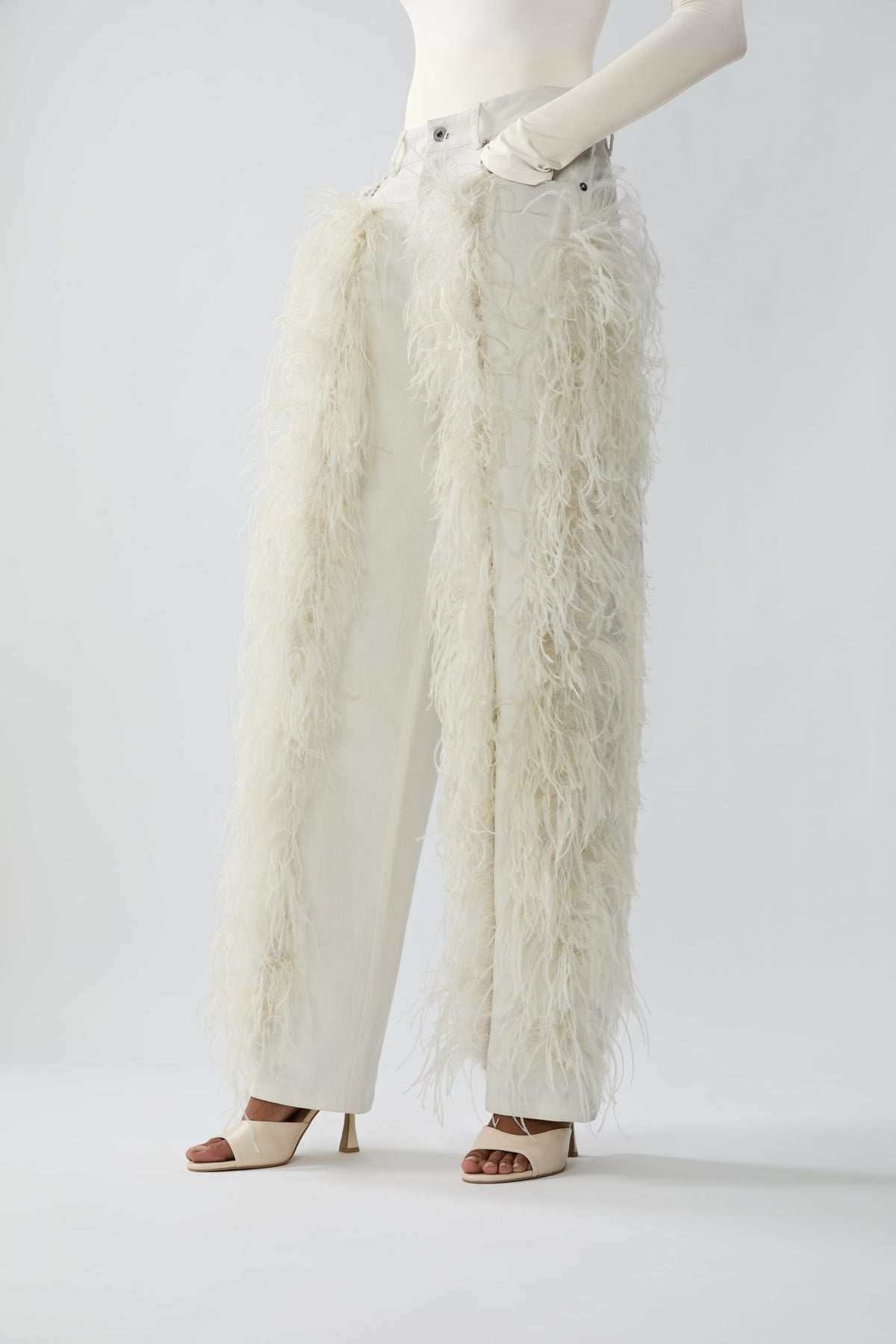 Stretch Cotton Twill Denim Pant With Feathers