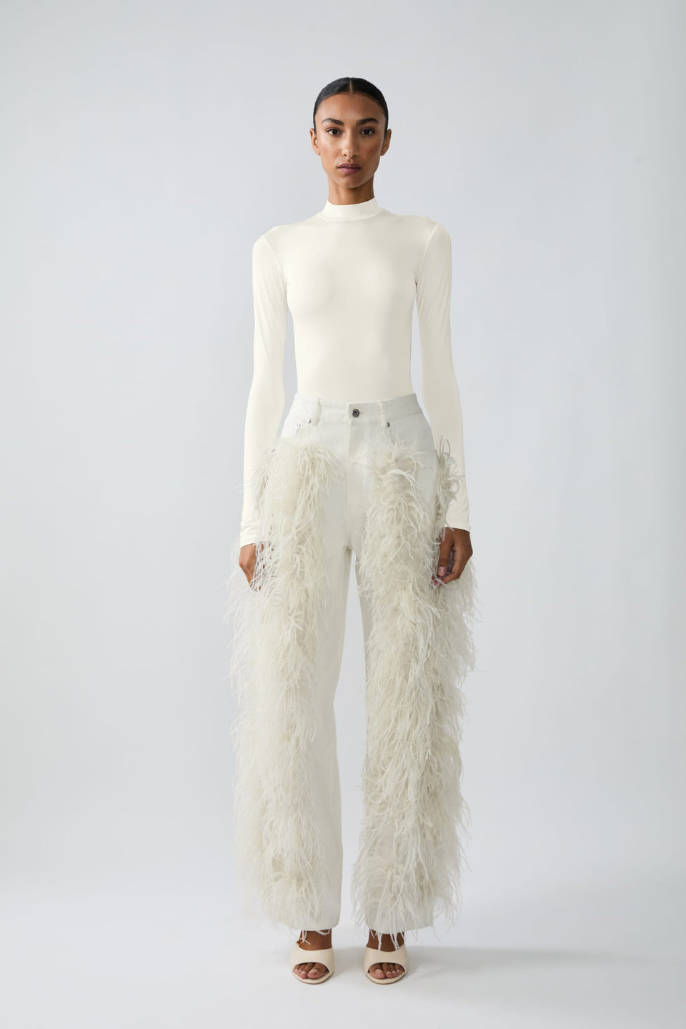 Stretch Cotton Twill Denim Pant With Feathers