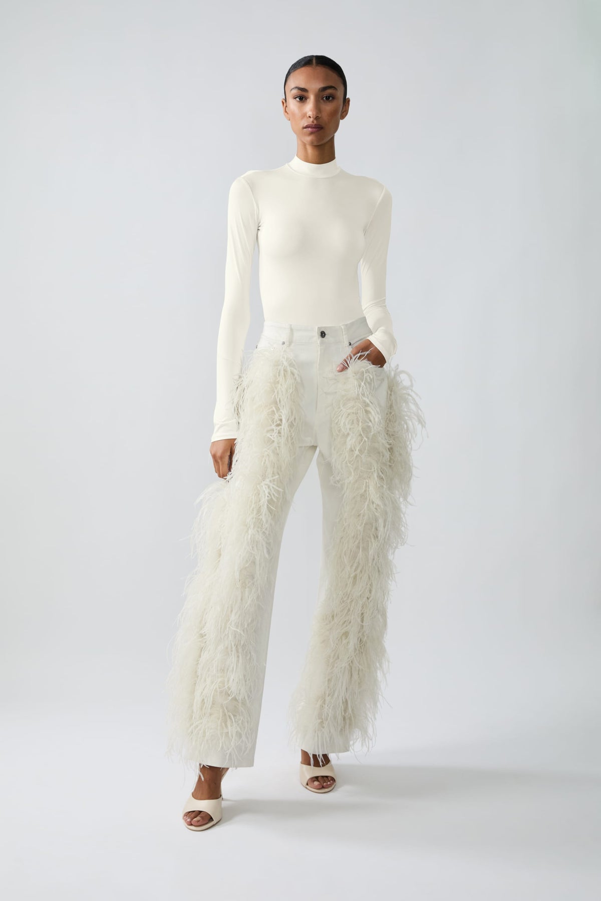 Stretch Cotton Twill Denim Pant With Feathers