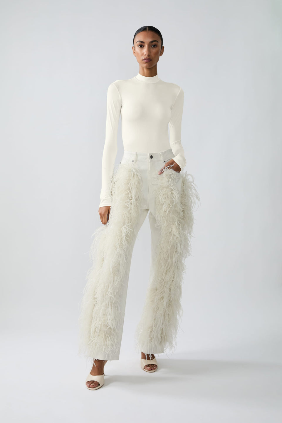 Stretch Cotton Twill Denim Pant With Feathers