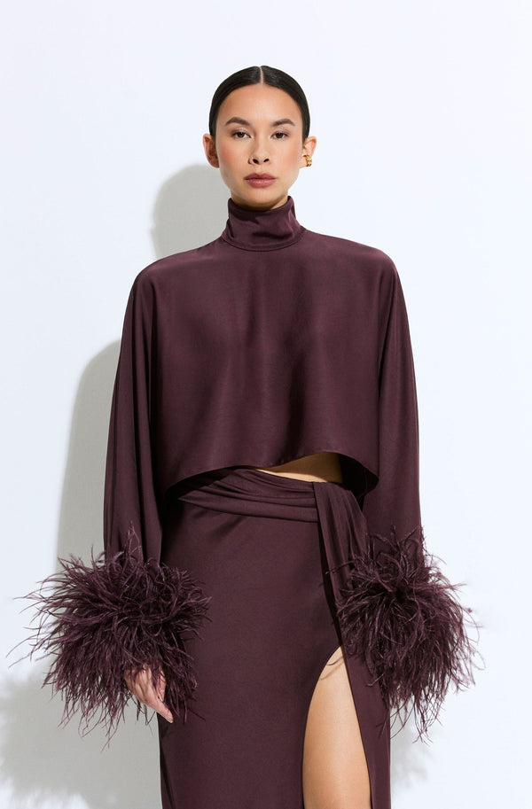 Lightweight Satin Caftan Top With Feathers - LAPOINTE