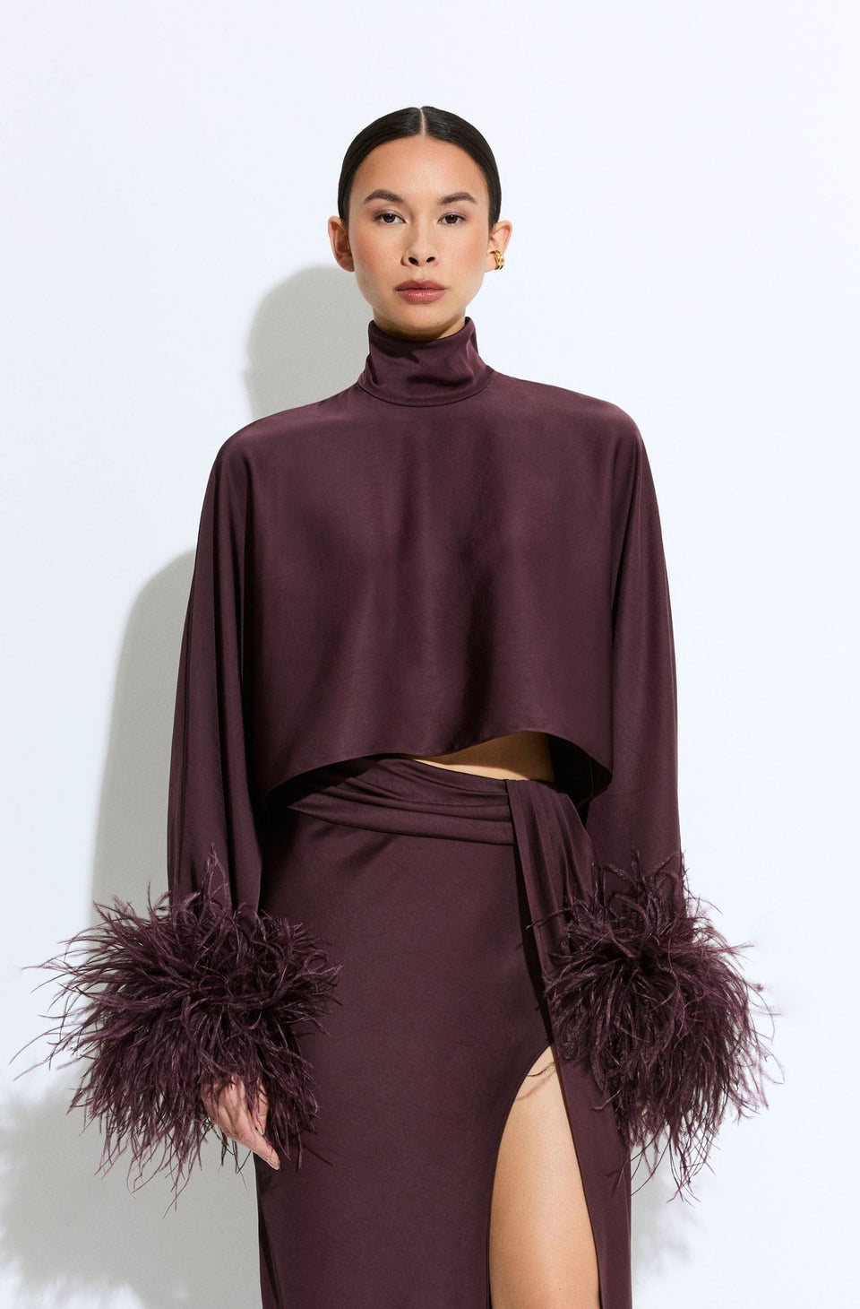 Lightweight Satin Caftan Top With Feathers