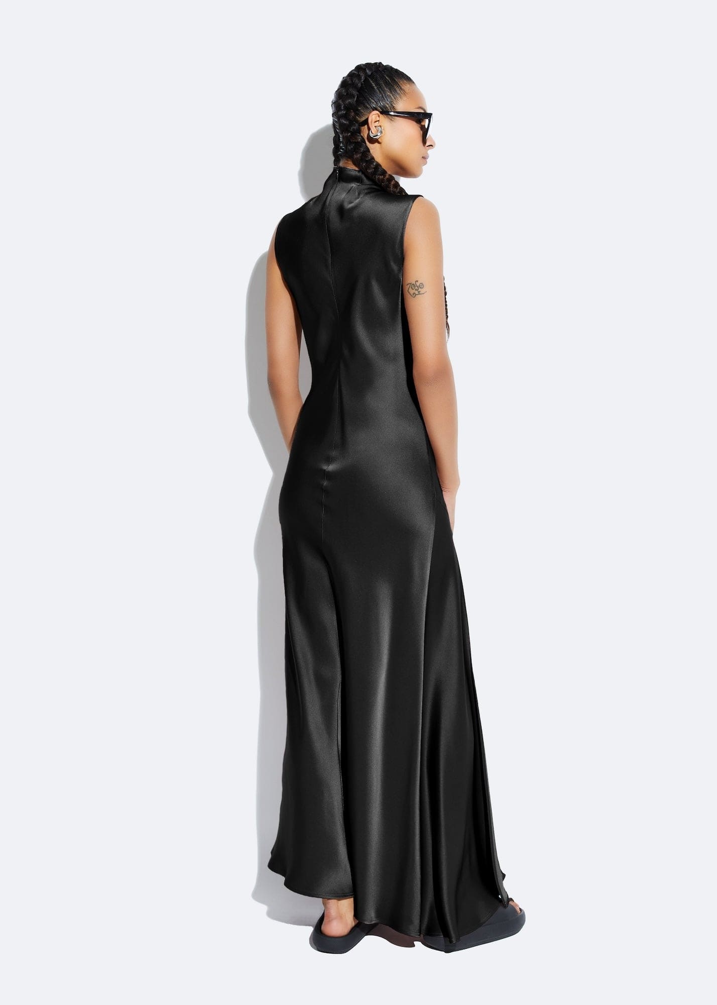 Satin Drape Neck Sleeveless Dress in Black Black LAPOINTE