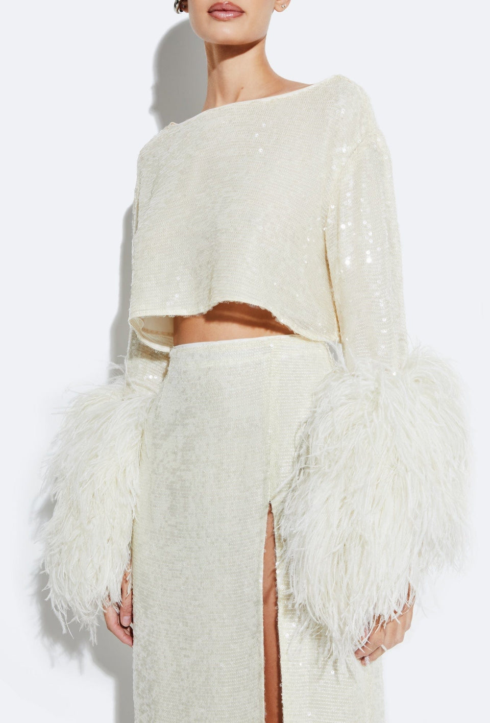 Sequin Cropped Top With Feathers - LAPOINTE